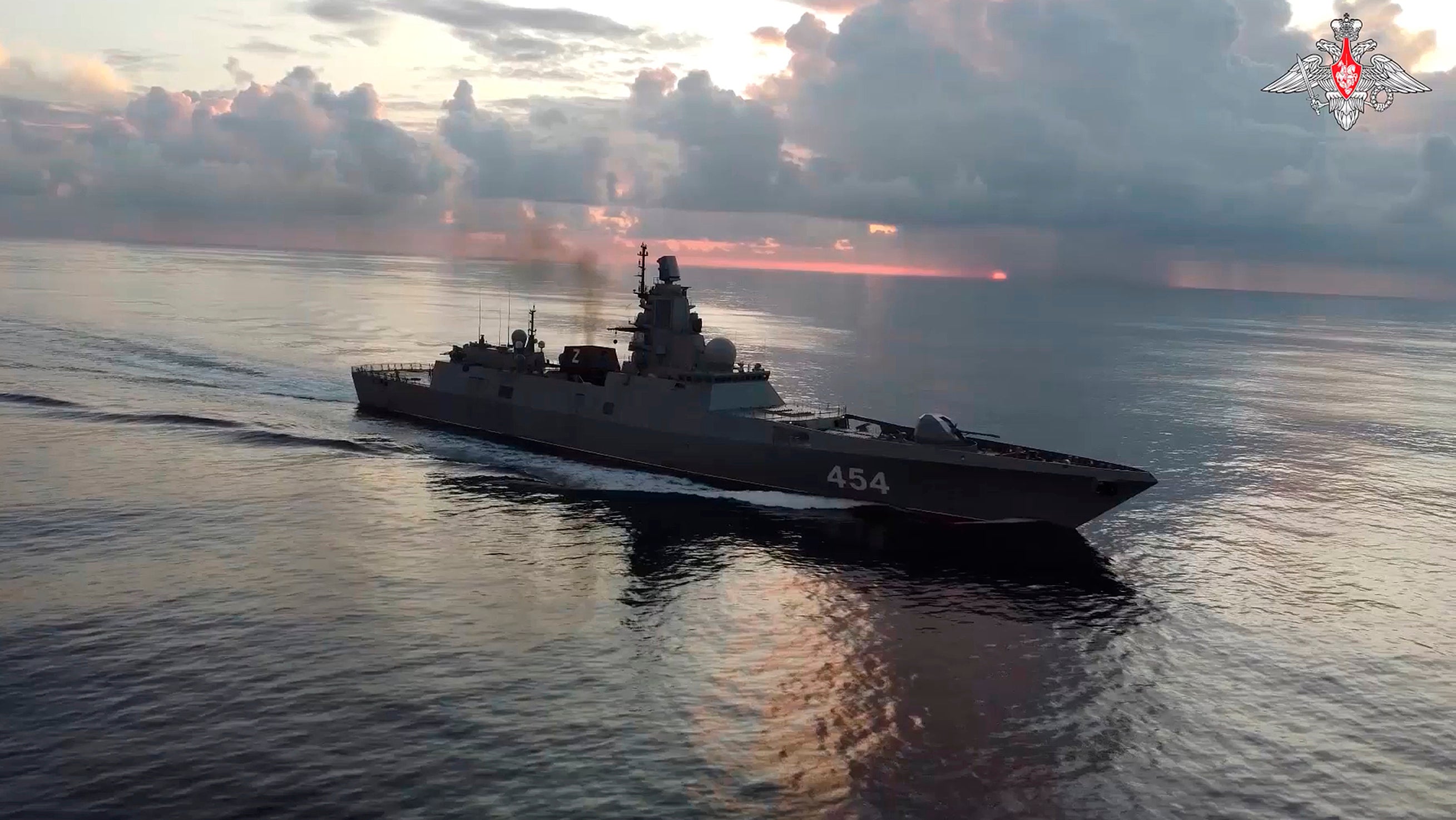 In this photo taken from video released by Russian Defense Ministry Press Service on Tuesday, June 11, 2024, the Russian navy's Admiral Gorshkov frigate is seen en route to Cuba