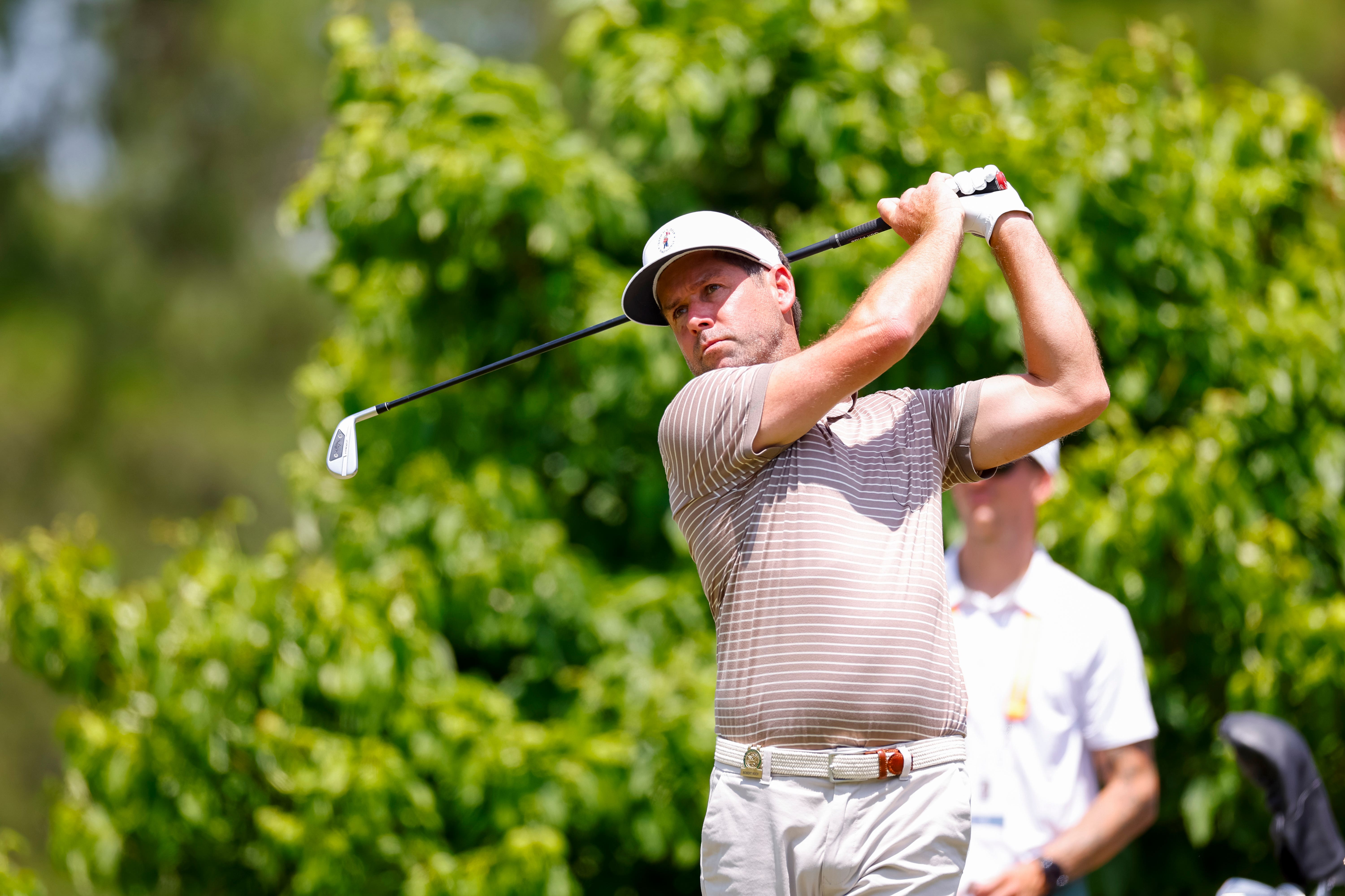 Robert Rock hits his tee shot on the sixth hole during a practice round at Pinehurst (Mike Ehrmann/USGA)