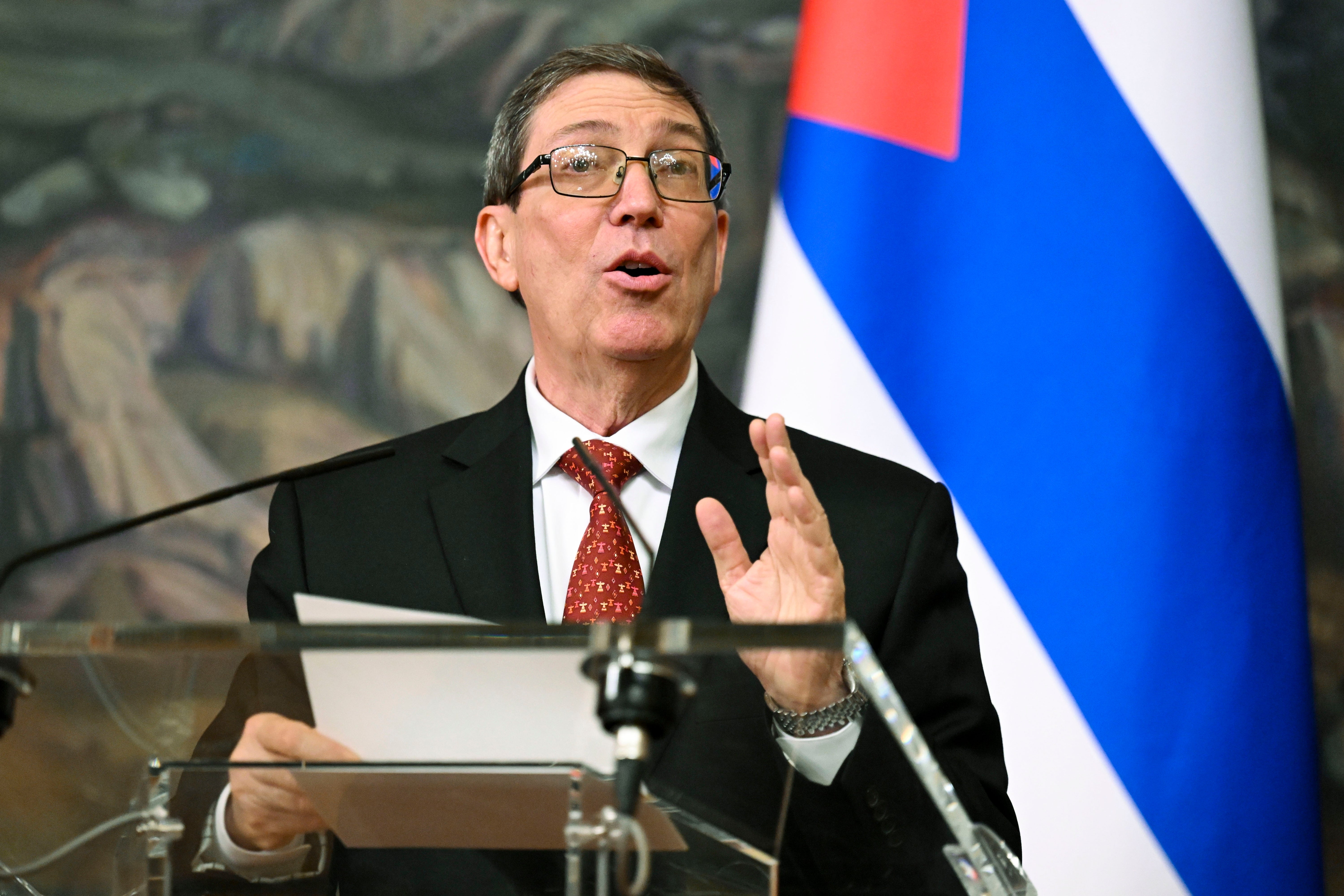 Cuban Foreign Minister Bruno Eduardo Rodríguez Parrilla speaks at a joint news with Russian Foreign Minister Sergey Lavrov following their talks in Moscow, Russia