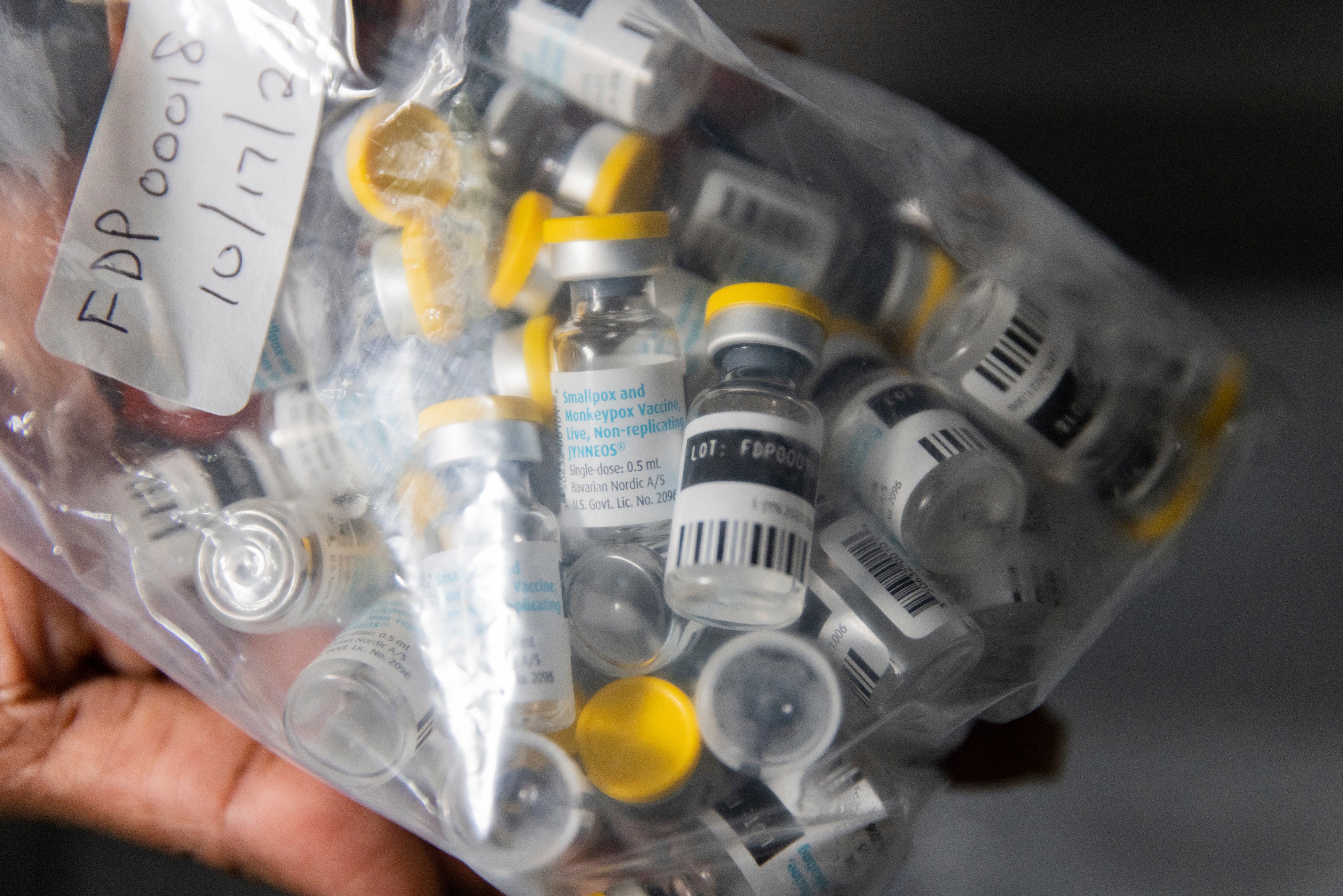 Vials of single doses of the Jynneos vaccine for mpox are seen from a cooler at a vaccinations site on Aug. 29, 2022