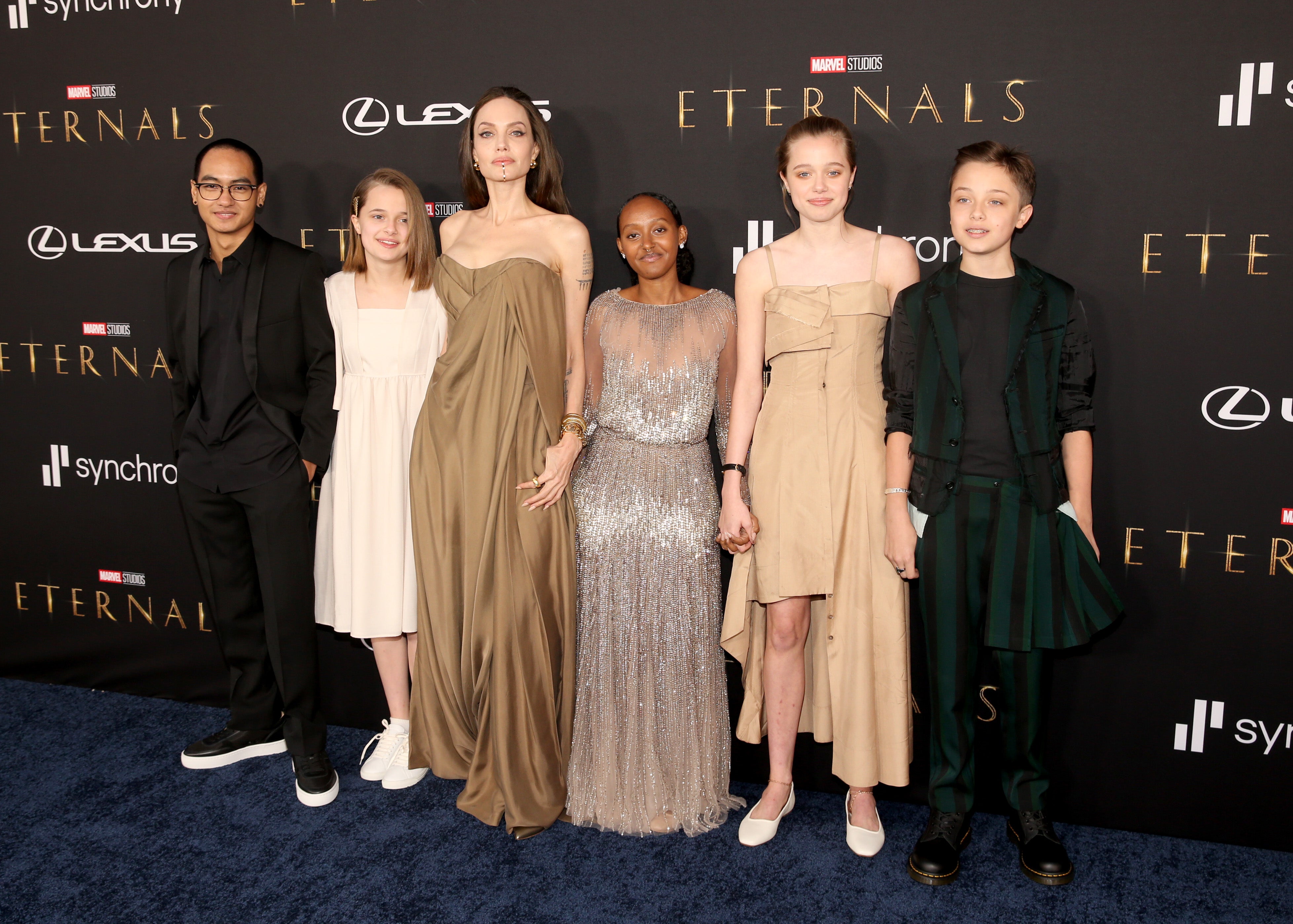 Angelina Jolie attends ‘Eternals’ premiere in Los Angeles with children Maddox, Vivienne, Zahara, Shiloh and Knox on 18 October 2021