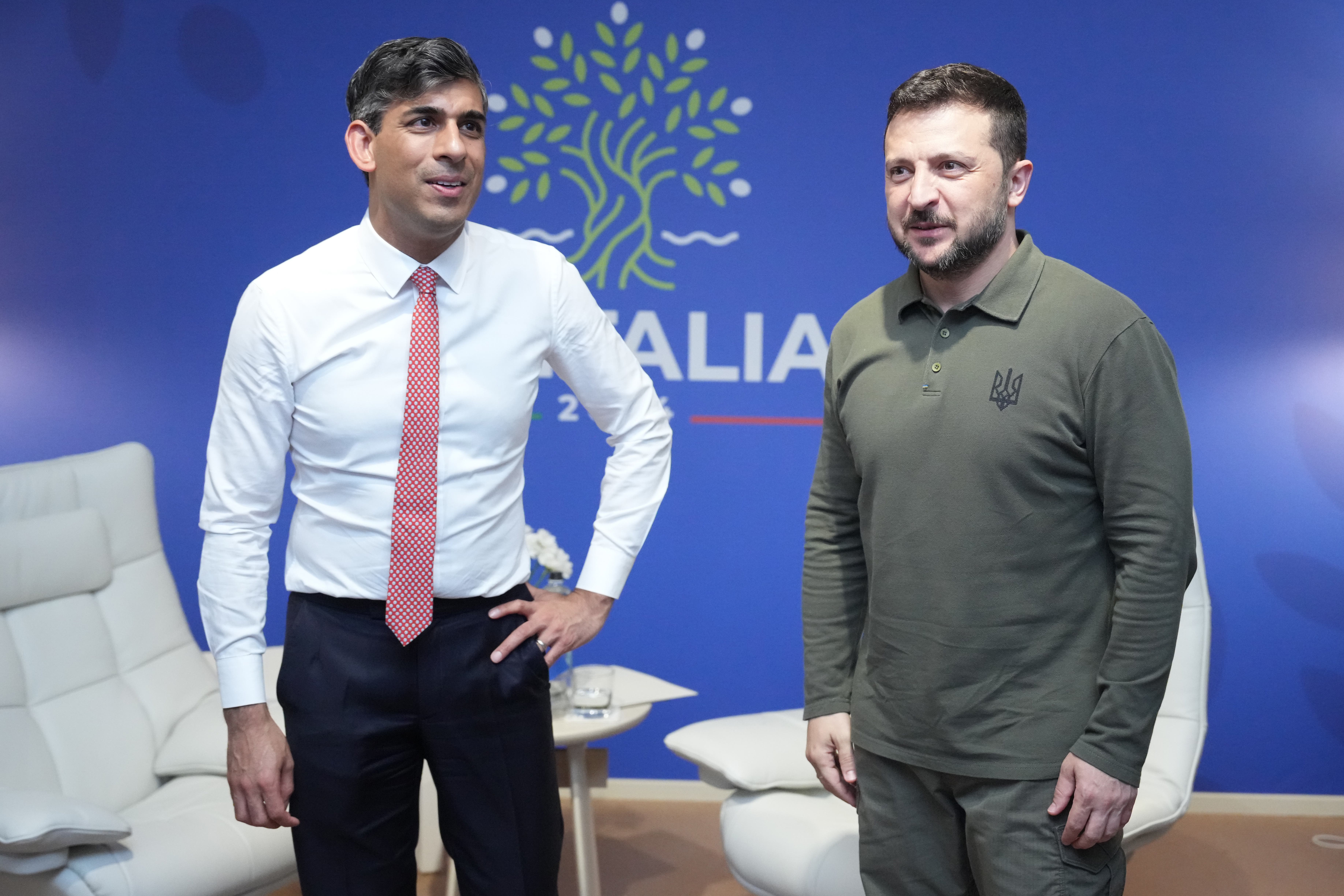 Prime Minister Rishi Sunak attends a meeting with President of Ukraine Volodymyr Zelensky at the G7 leaders’ summit at the Borgo Egnazia resort, in Puglia, Italy (Christopher Furlong/PA)