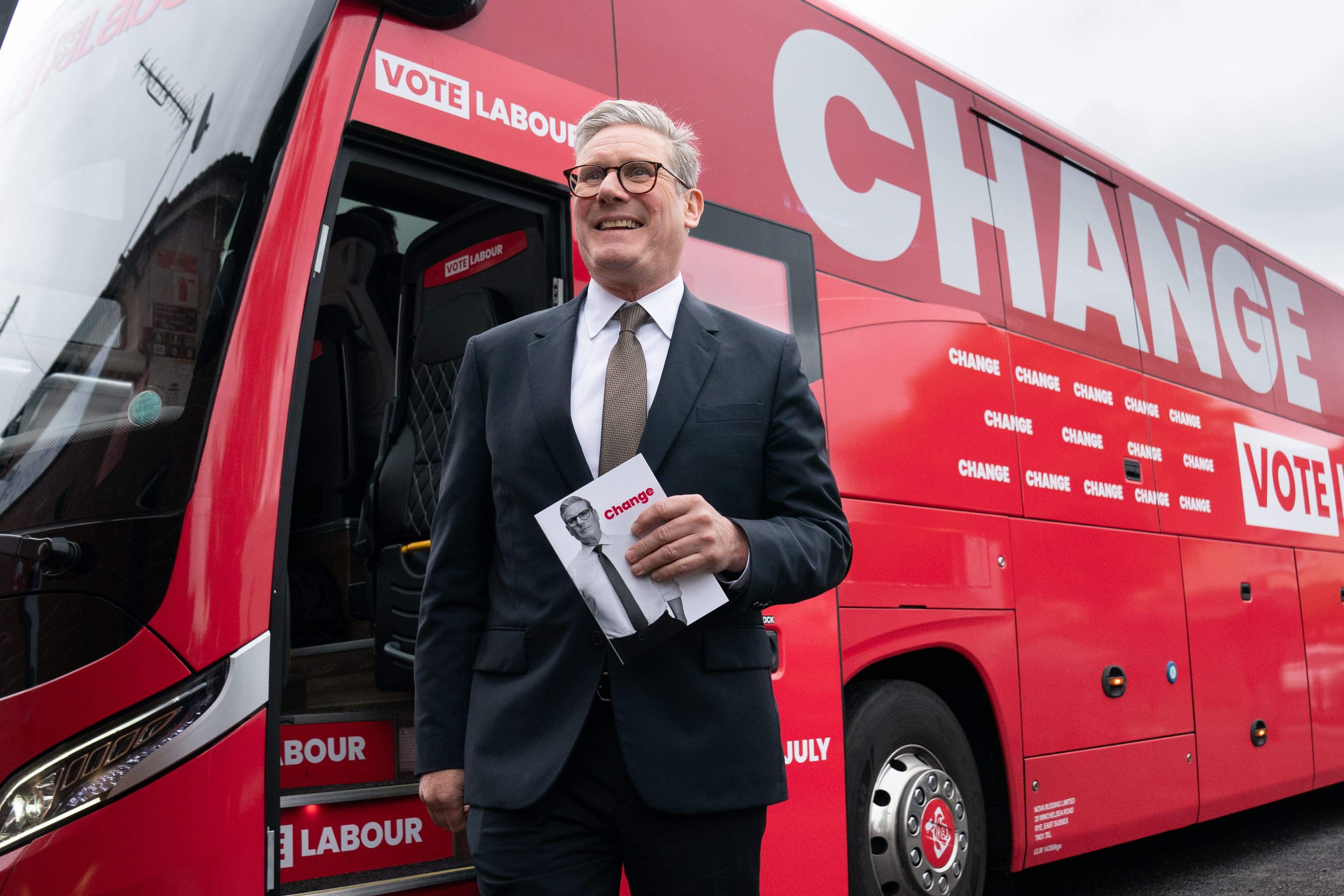 Labour Party leader Sir Keir Starmer arrives on his election battle bus at a campaign event in Halesowen (PA)