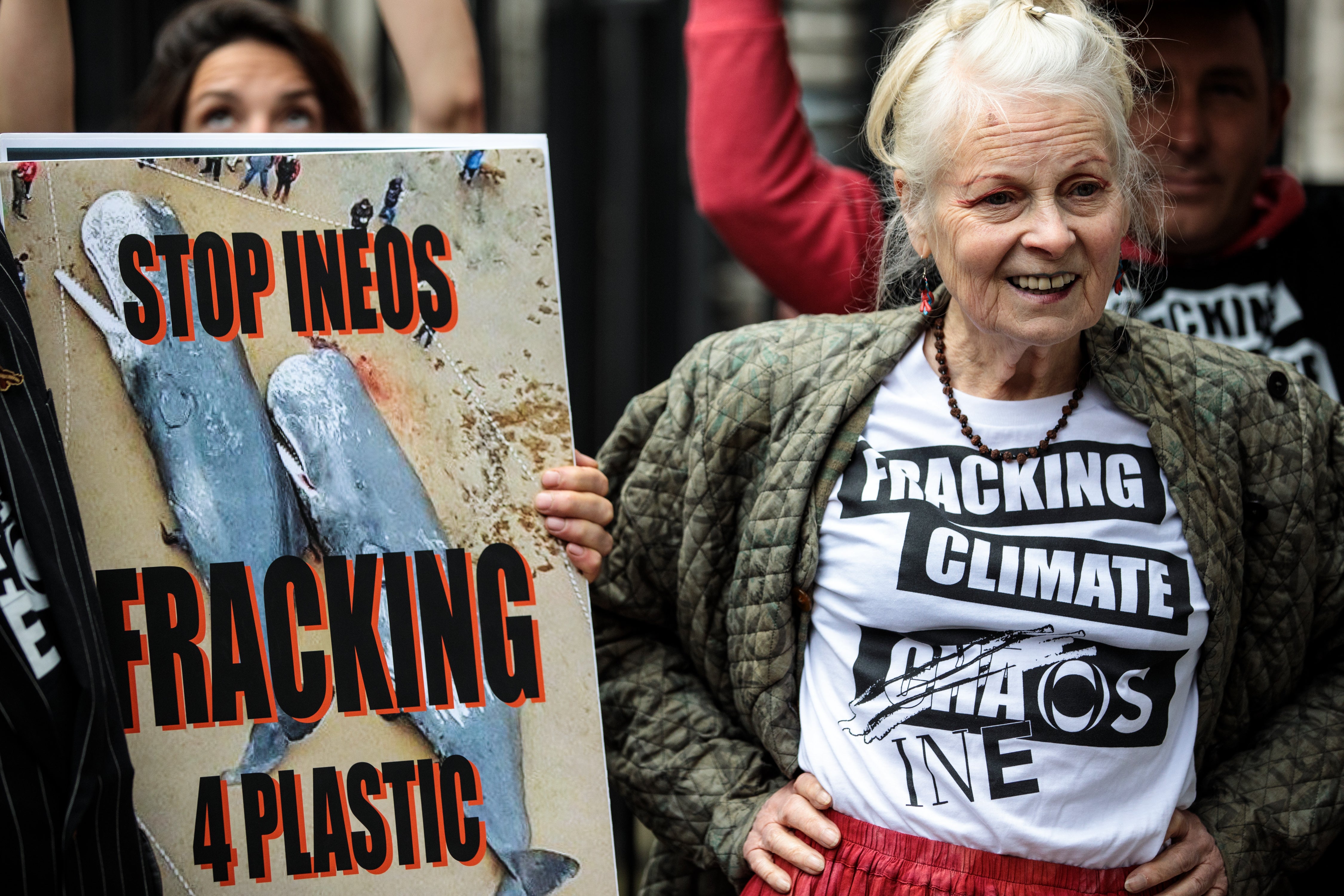 Westwood at an anti-fracking protest outside Downing Street on World Environment Day in 2018