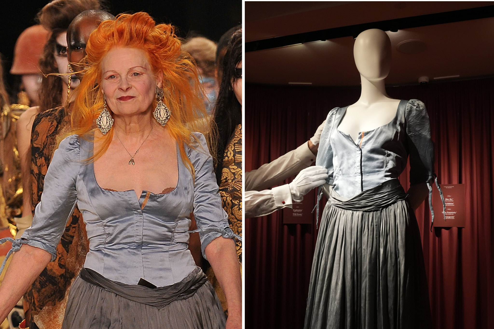 Westwood wearing her ‘Cinderella dress’ at Paris Fashion Week in 2011 (L) and the dress on display at Christie’s (R)