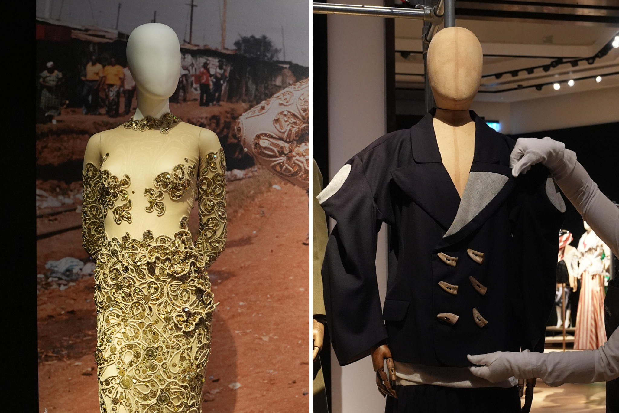 Westwood’s ‘World Wide Woman’ nude illusion gown (L) and ‘Witches’ navy two piece suit (R)