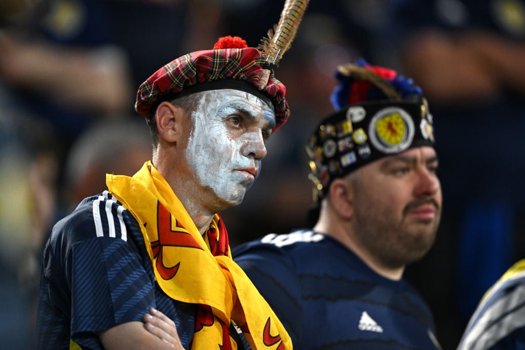 A Scotland fan looks on during the 5-1 defeat to Germany