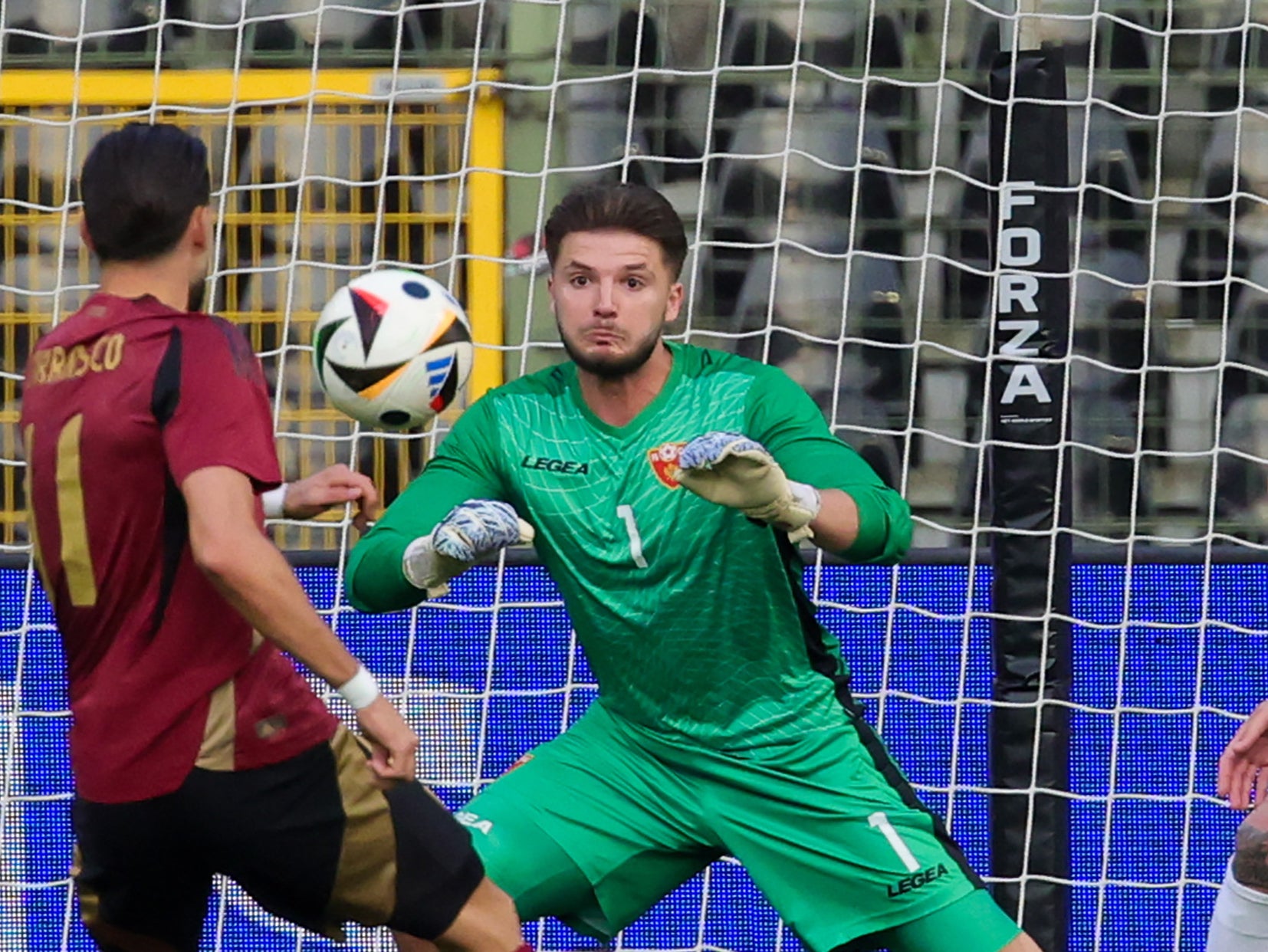 Montenegro goalkeeper Matija Sarkic in action against Belgium