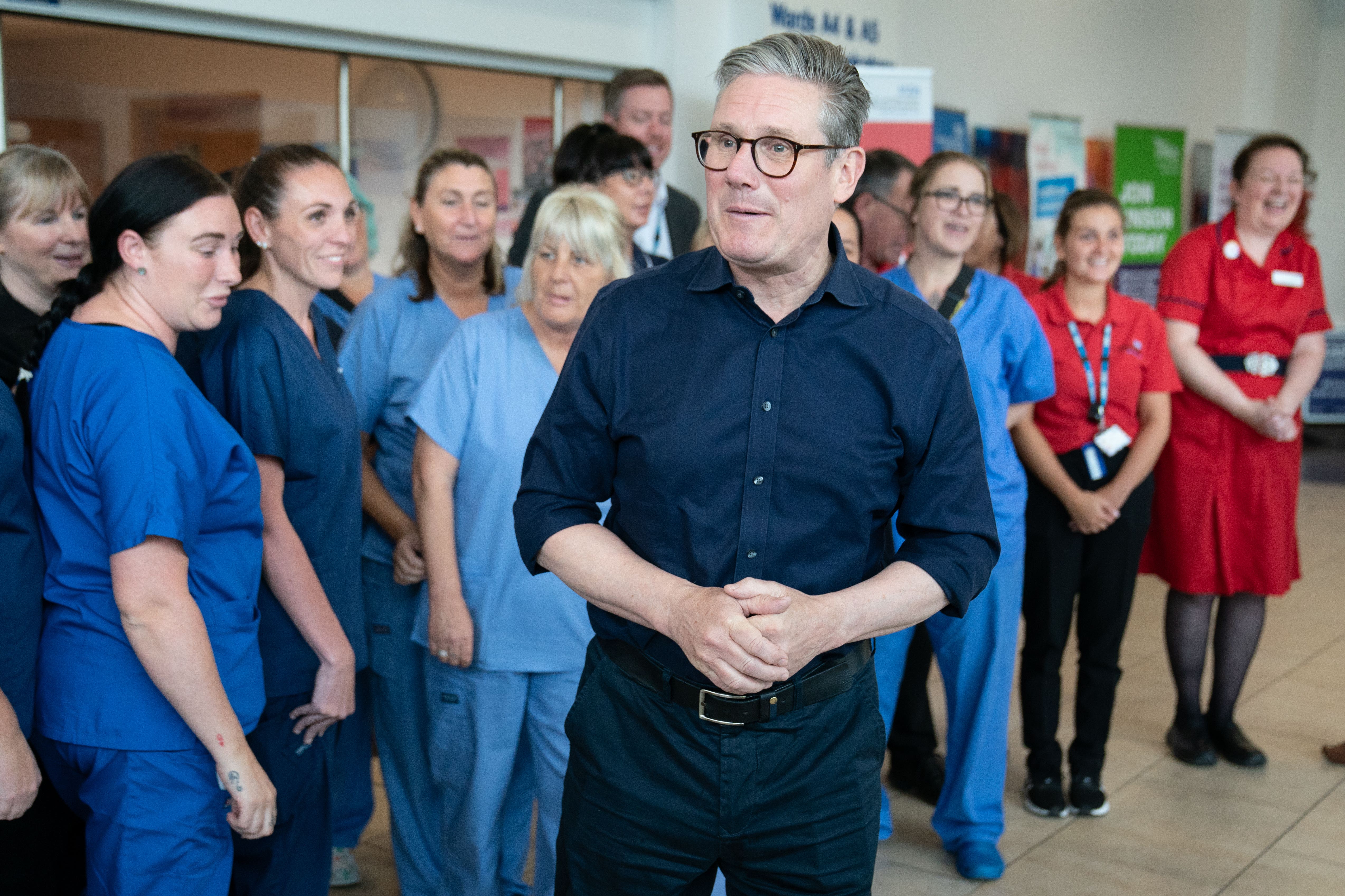 Labour Party leader Sir Keir Starmer and meets staff at Bassetlaw Hospital in Nottinghamshire to discuss Labour�s plan to reduce NHS waiting lists if they get into power after the forthcoming General Election on July 4. Picture date: Saturday June 15, 2024.