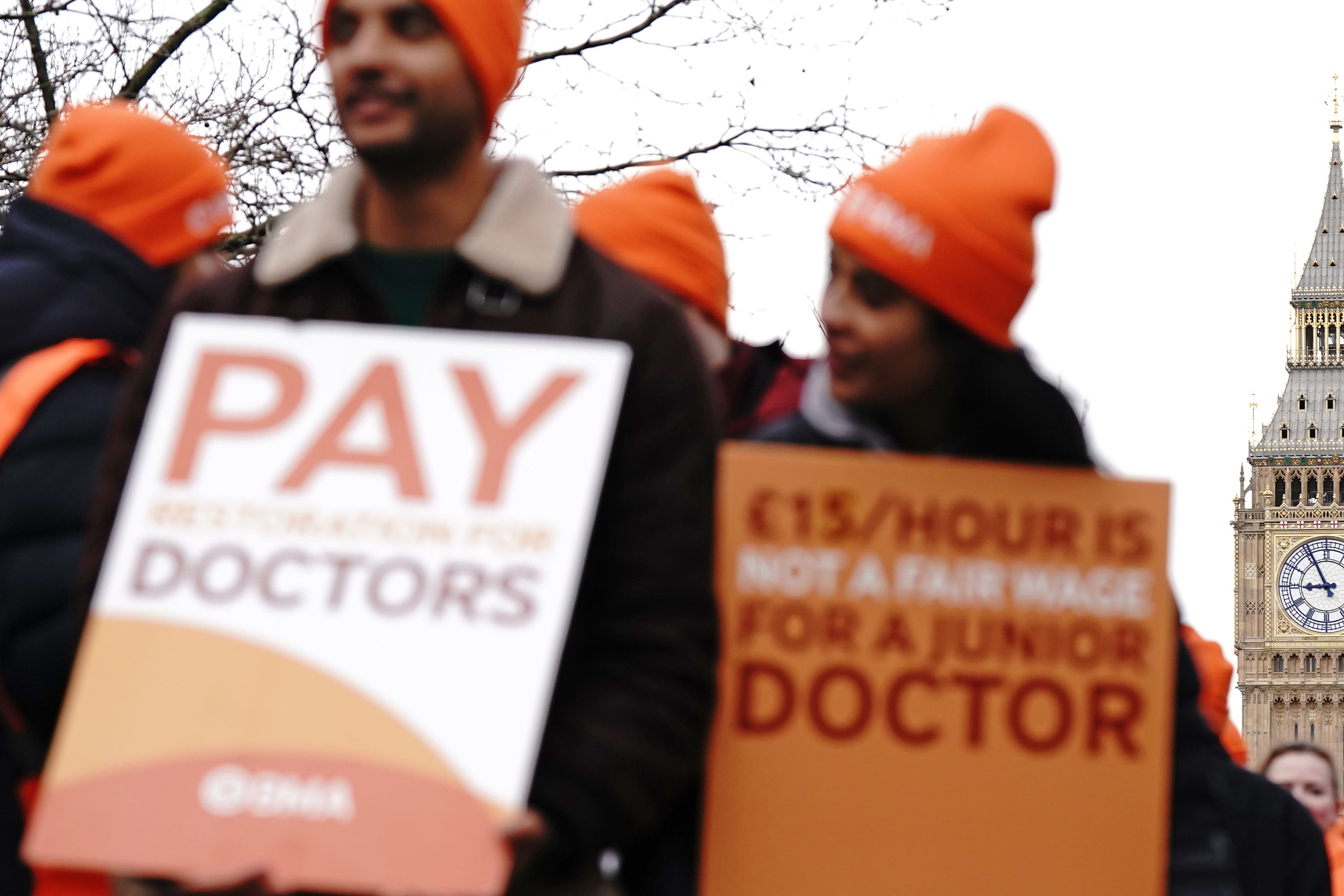 Junior doctors on the picket line outside St Thomas’ Hospital in central London in February (Aaron Chown/PA)