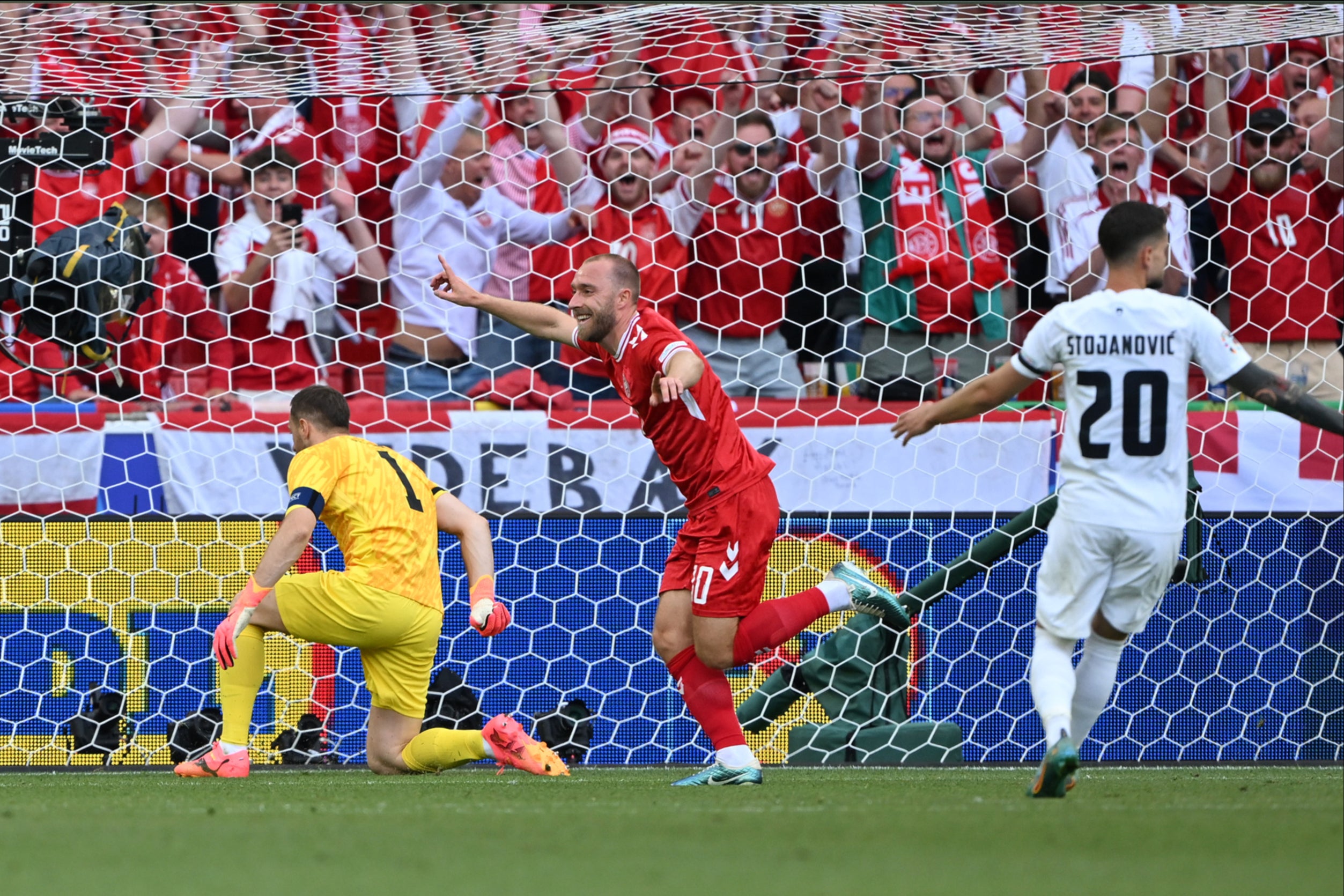 Eriksen celebrates opening the scoring for Denmark at Euro 2024