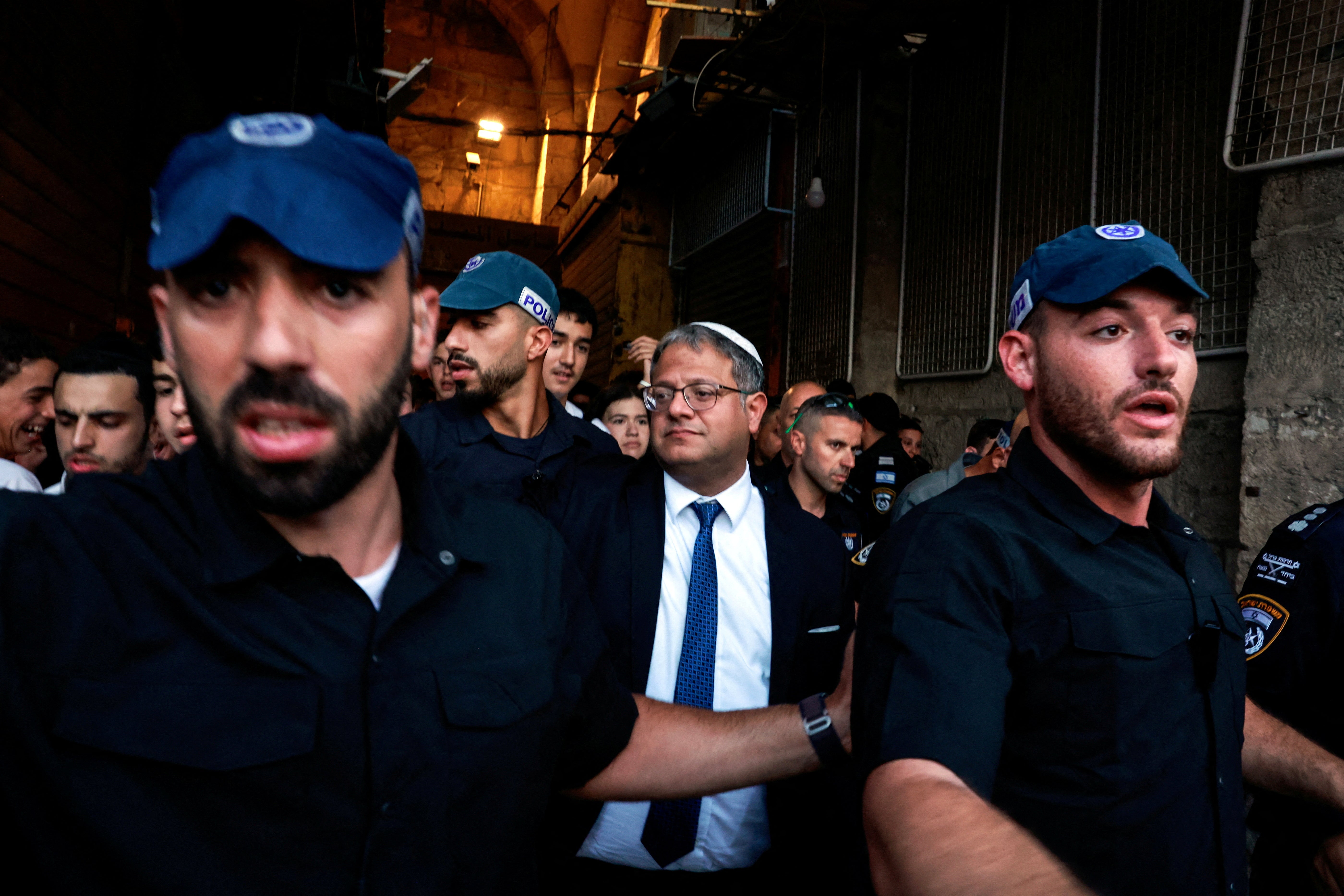 Israel’s national security minister Itamar Ben-Gvir at the annual Jerusalem Day march at Damascus Gate on 5 June