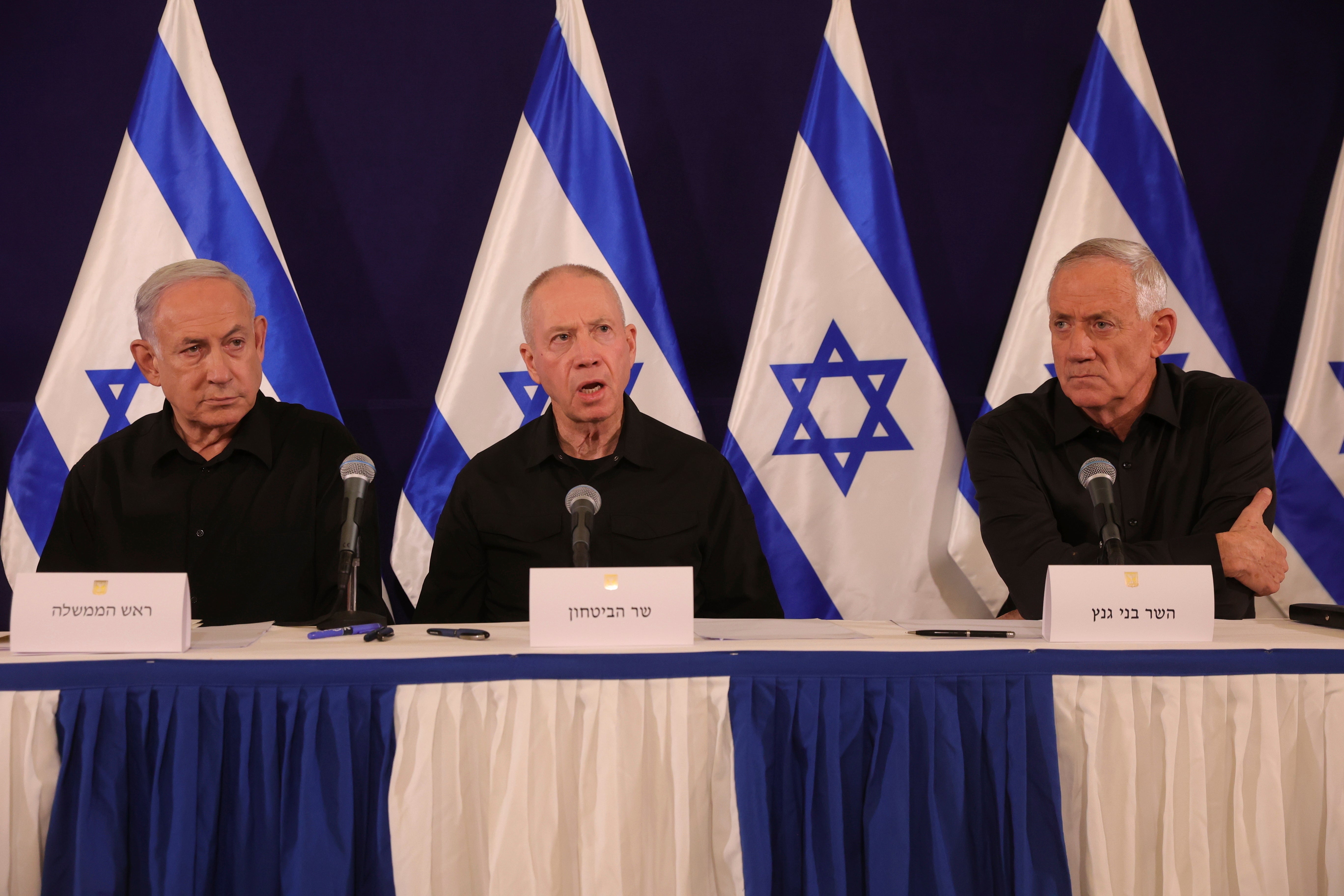 The Israeli war cabinet’s three active members since the 7 October attack were (from left) prime minister Benjamin Netanyahu, defence minister Yoav Gallant and cabinet minister Benny Gantz