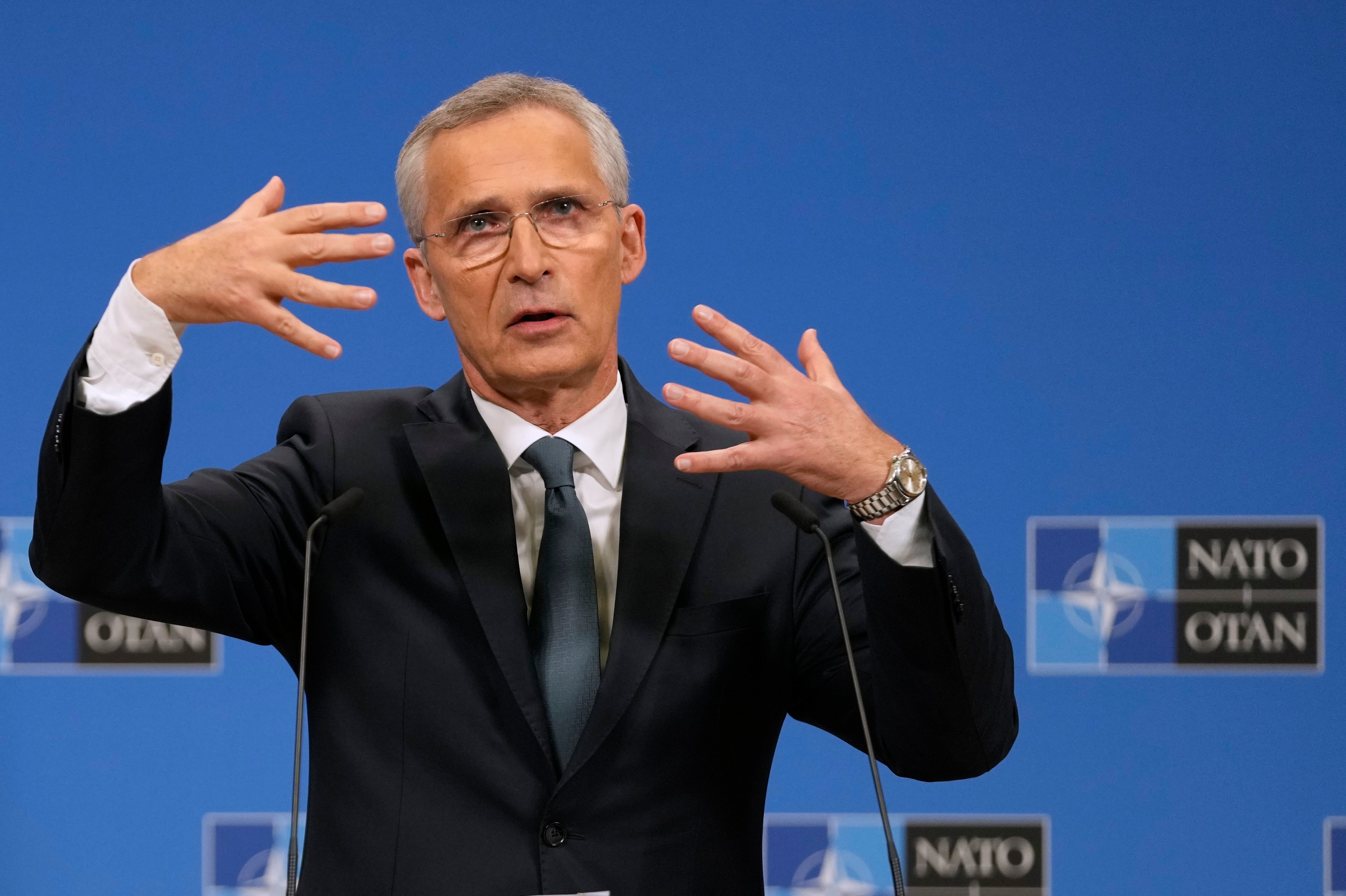 NATO Secretary General Jens Stoltenberg addresses a media conference after a meeting of NATO defense ministers at NATO headquarters in Brussels, Friday, June 14, 2024. (AP Photo/Virginia Mayo)