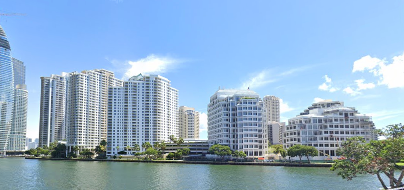 On Florida’s Brickell Key island, pictured, a viral video captured a man assaulting a woman after she tried to save his drowning dog