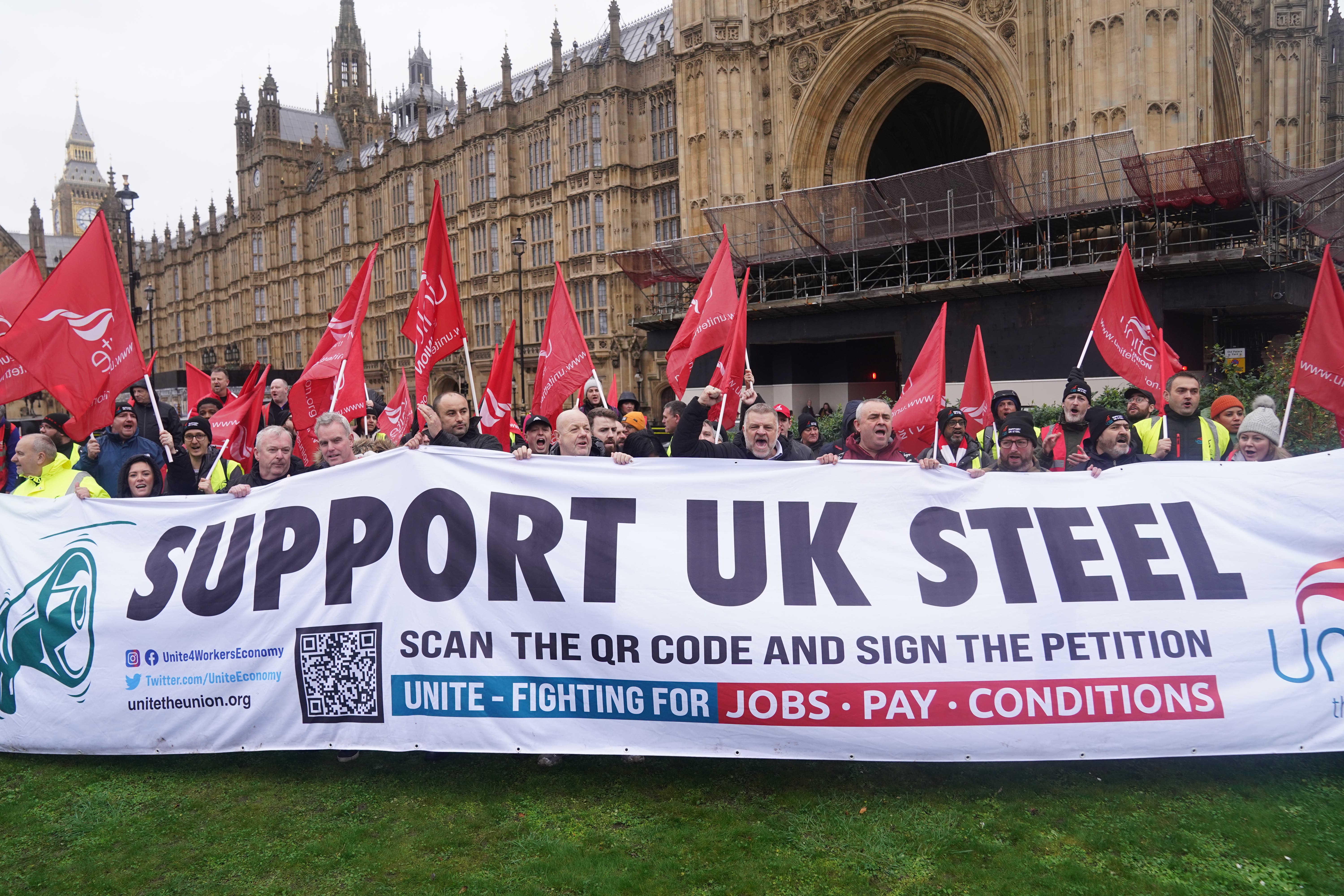 Workers from Tata’s Port Talbot steelworks gather at College Green, in Westminster (Lucy North/PA)