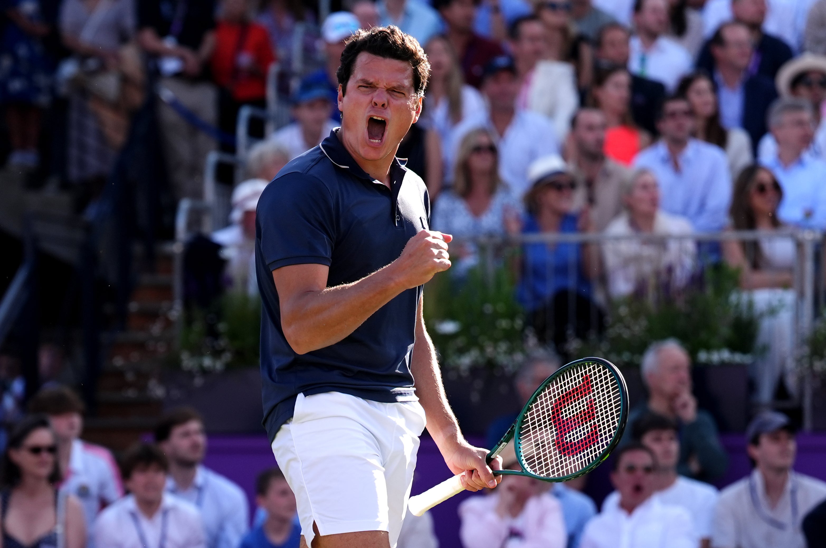 <p>Milos Raonic celebrates victory over Cameron Norrie at Queen’s in 2024</p>