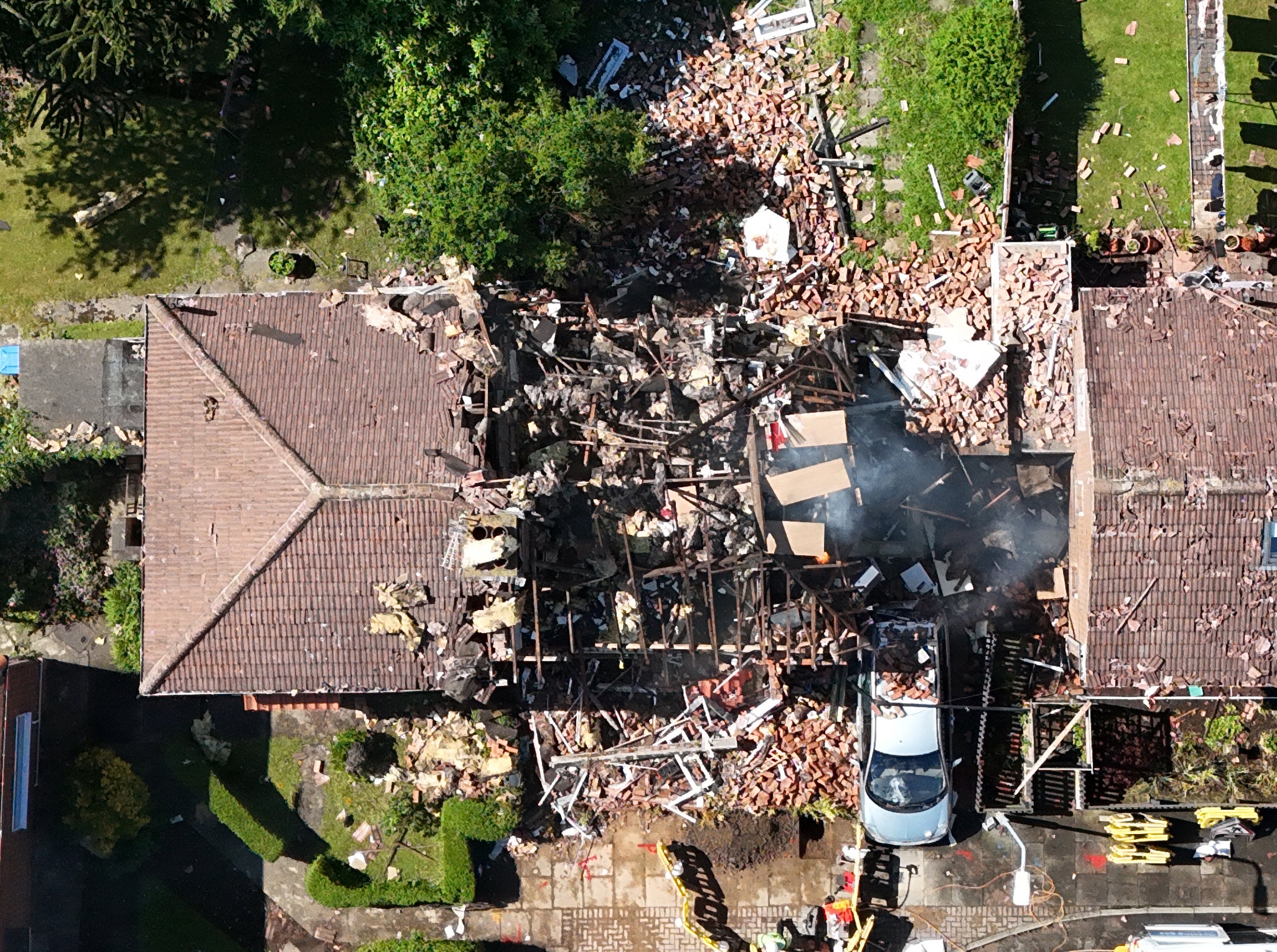 A general view of the scene of a suspected gas explosion at a property near Frampton Green