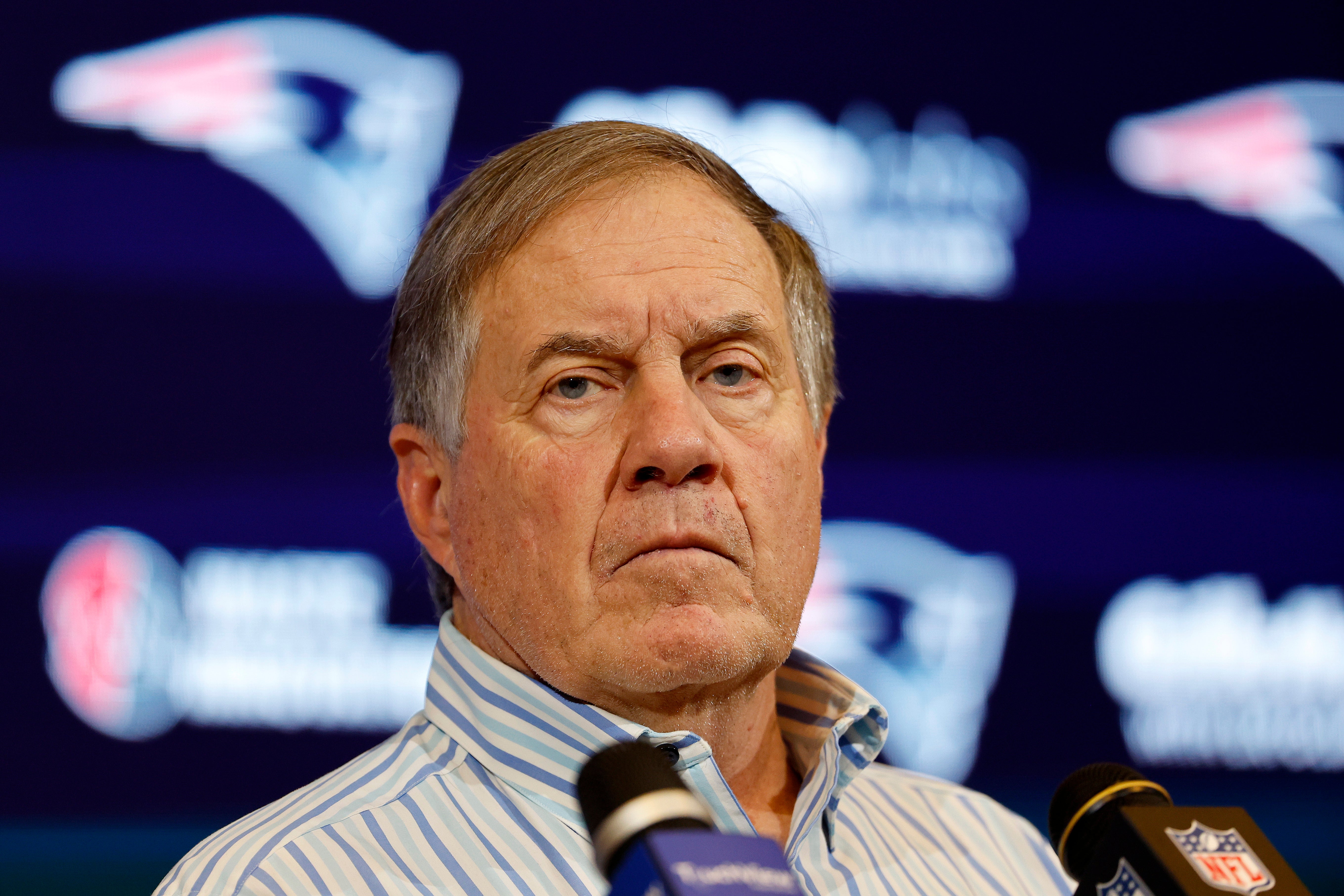 New England Patriots head coach Bill Belichick speaks during press conference after game against the New York Jets at Gillette Stadium on January 7, 2024 in Foxborough, Massachusetts