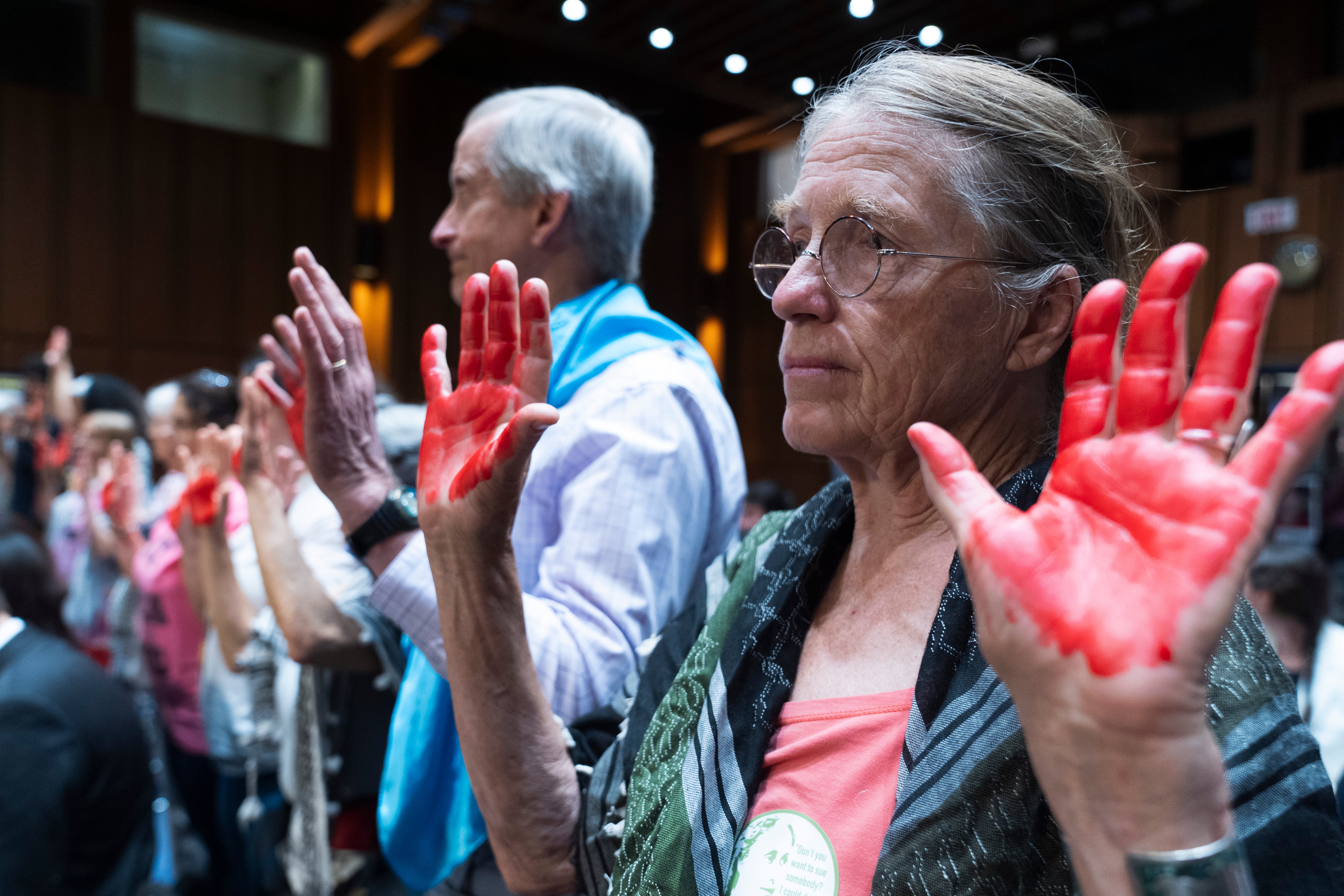 Some family members of Boeing crash victims had painted their hands red, symbolizing the perceived blood on the hands of the company