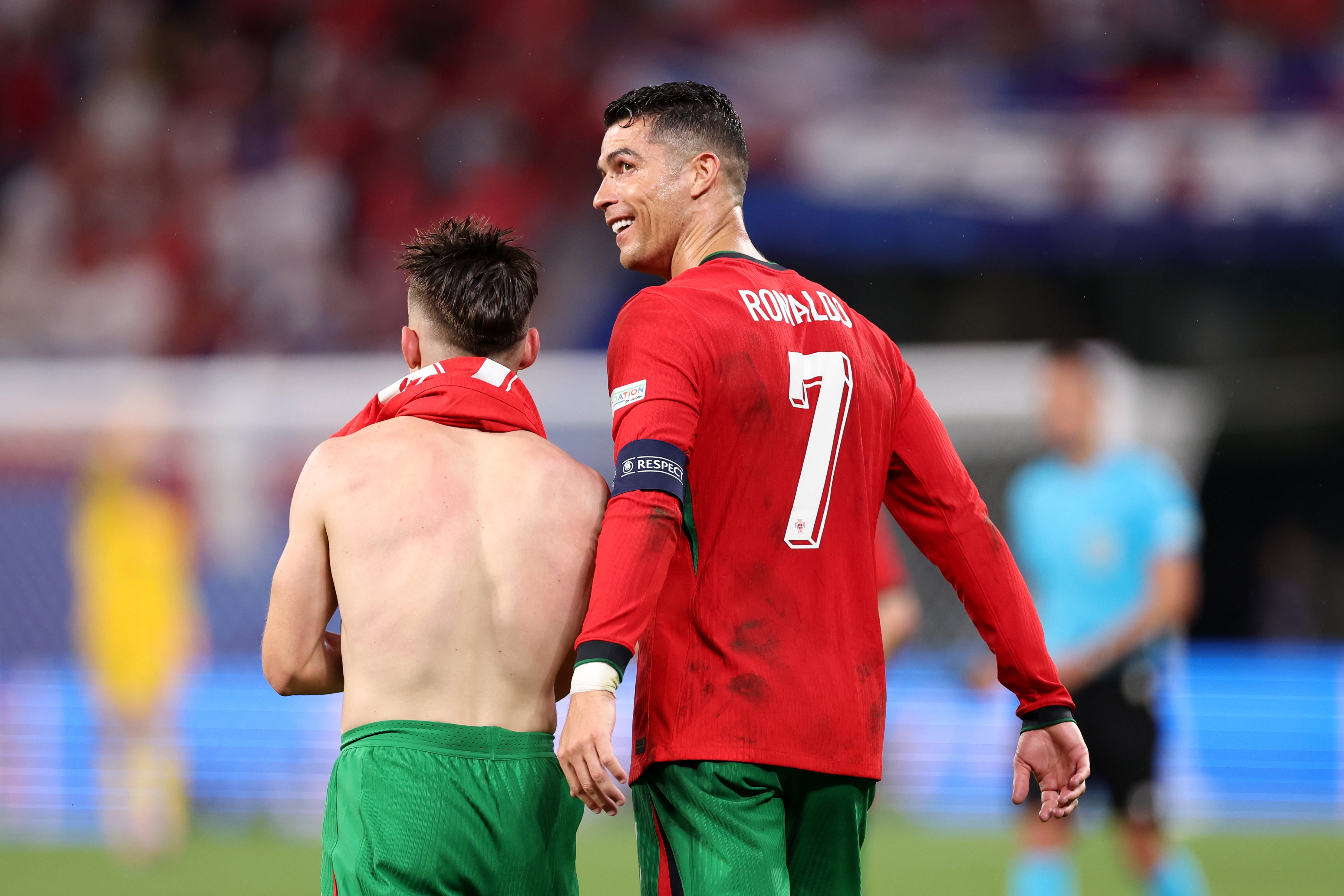 Cristiano Ronaldo celebrates with match-winner Francisco Conceicao