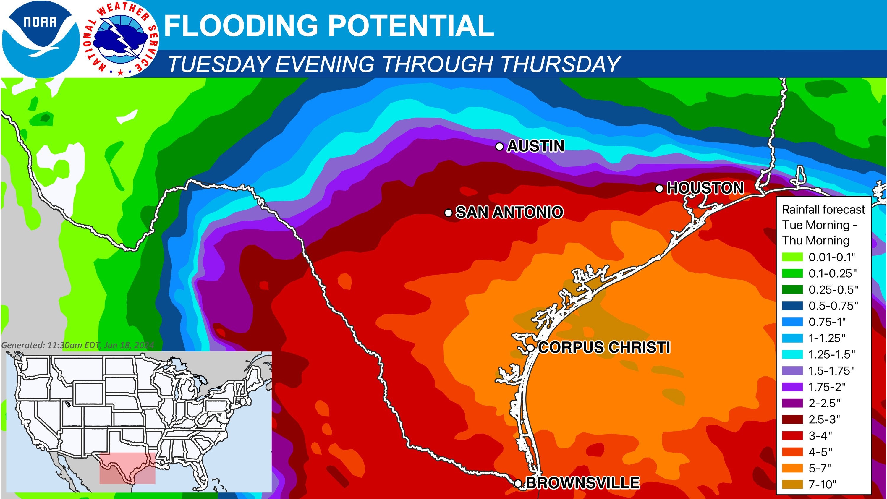 Heavy to excessive rainfall is predicted for much of South Texas