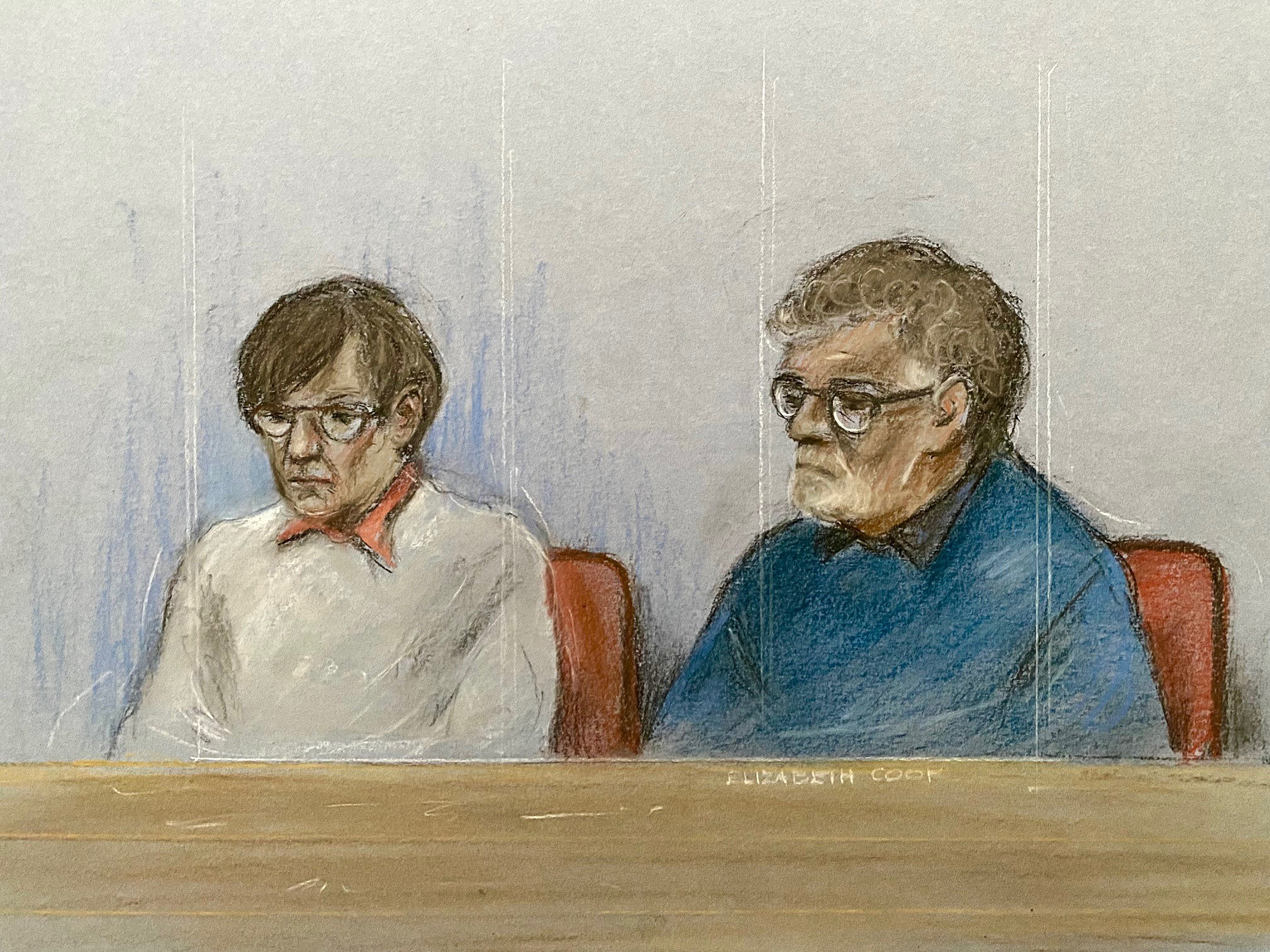 Court artist sketch by Elizabeth Cook of Margaret Morgan, 74 and Allen Morgan, 73 appearing at Luton Crown Court,