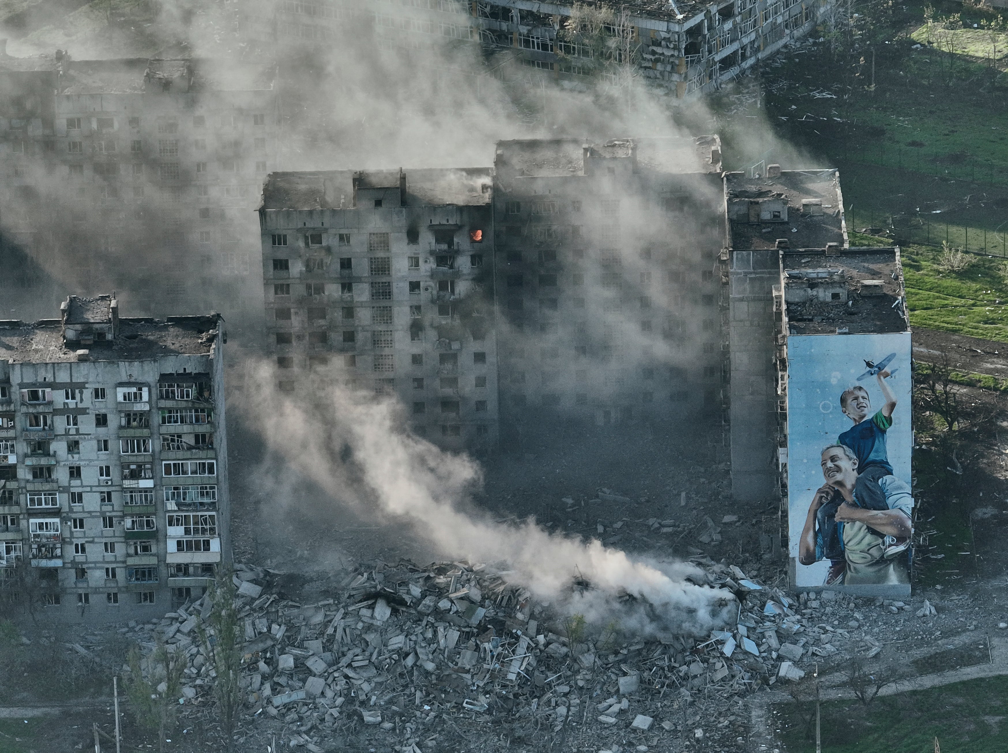 Smoke rises from a building in Bakhmut, the site of the heaviest battles with the Russian troops in the Donetsk region