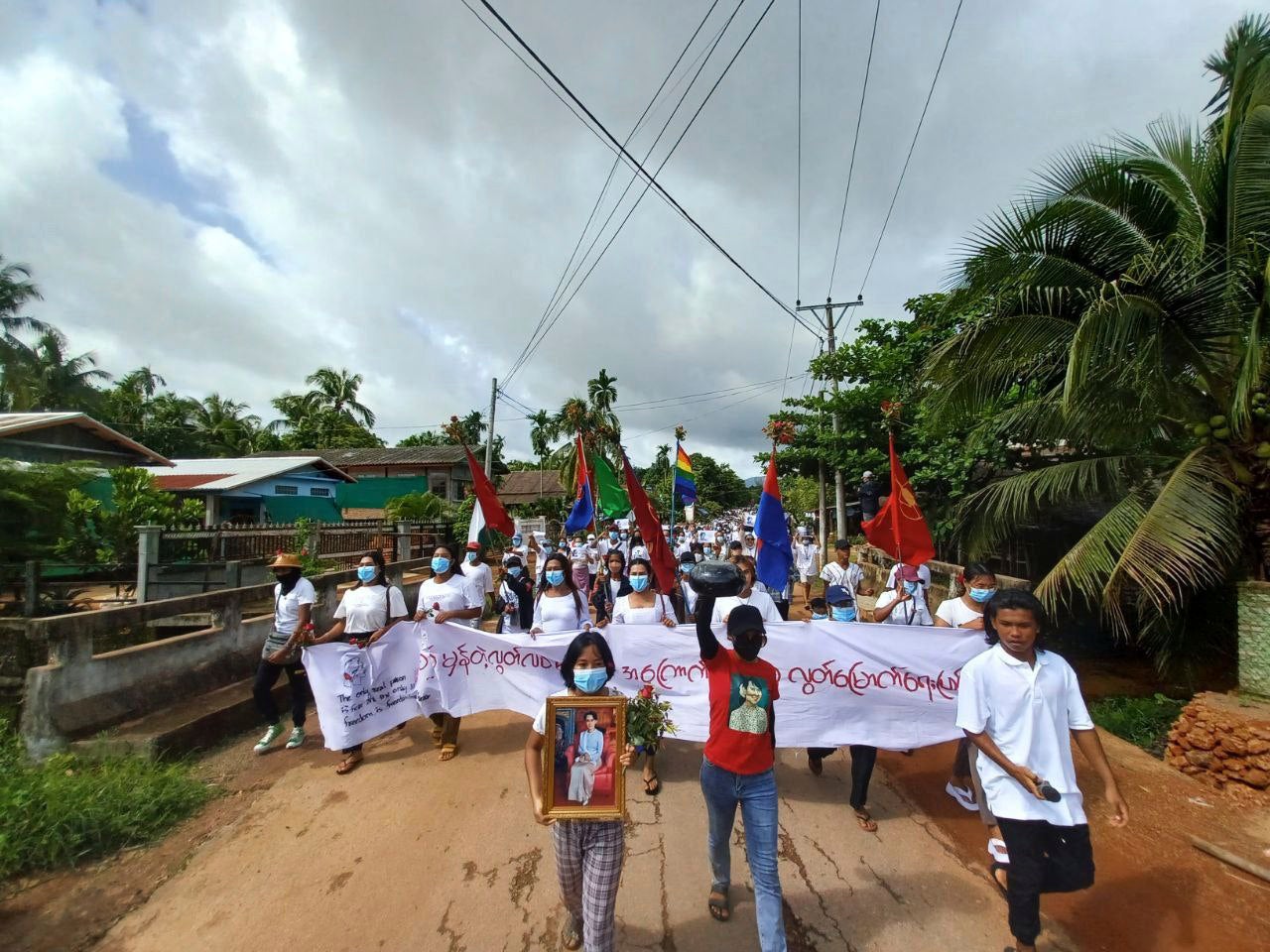 Demonstrators rally to mark the 79th birthday of the country’s ousted leader Aung San Suu Kyi in Launglon township in Tanintharyi region, Myanmar