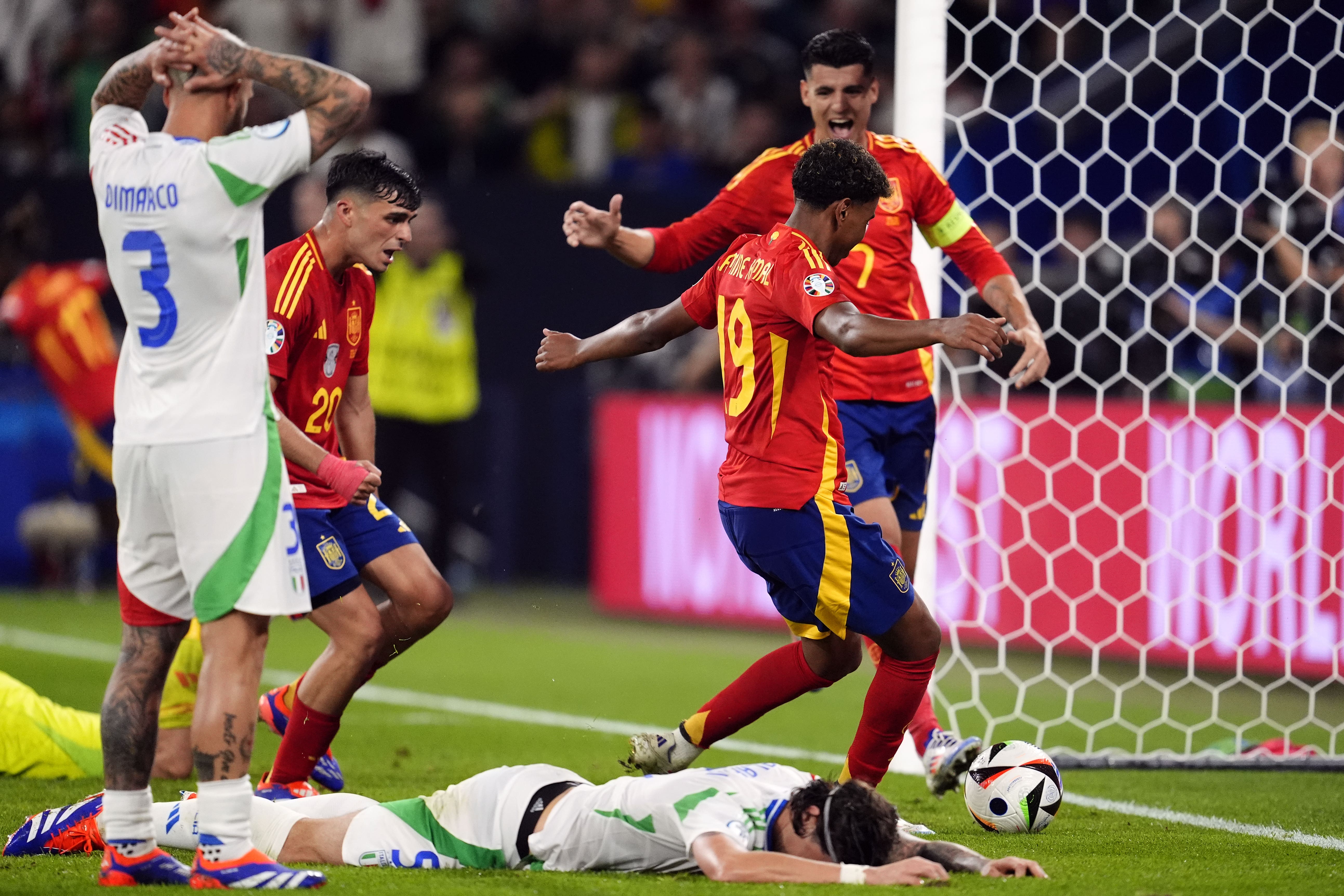 Italy’s Riccardo Calafiori turned into his own net as Spain beat Italy (Nick Potts/PA)