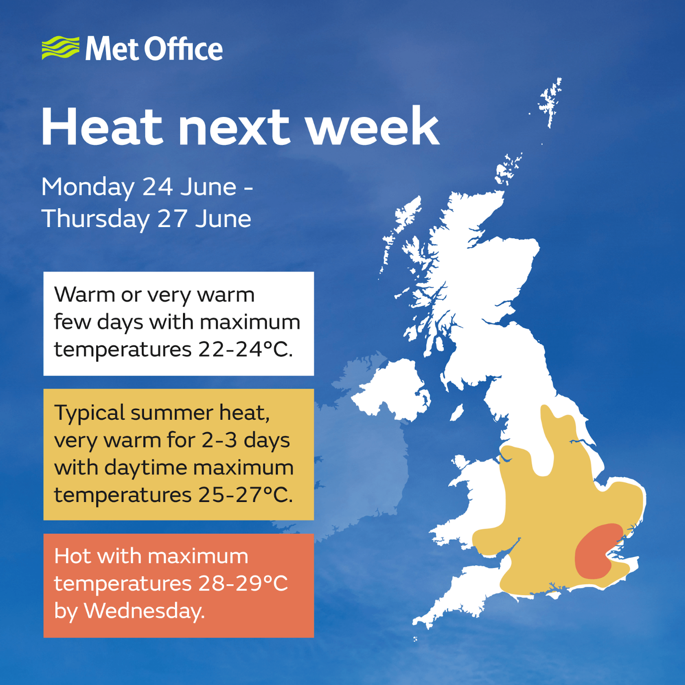 The South East of England will see the highest temperatures