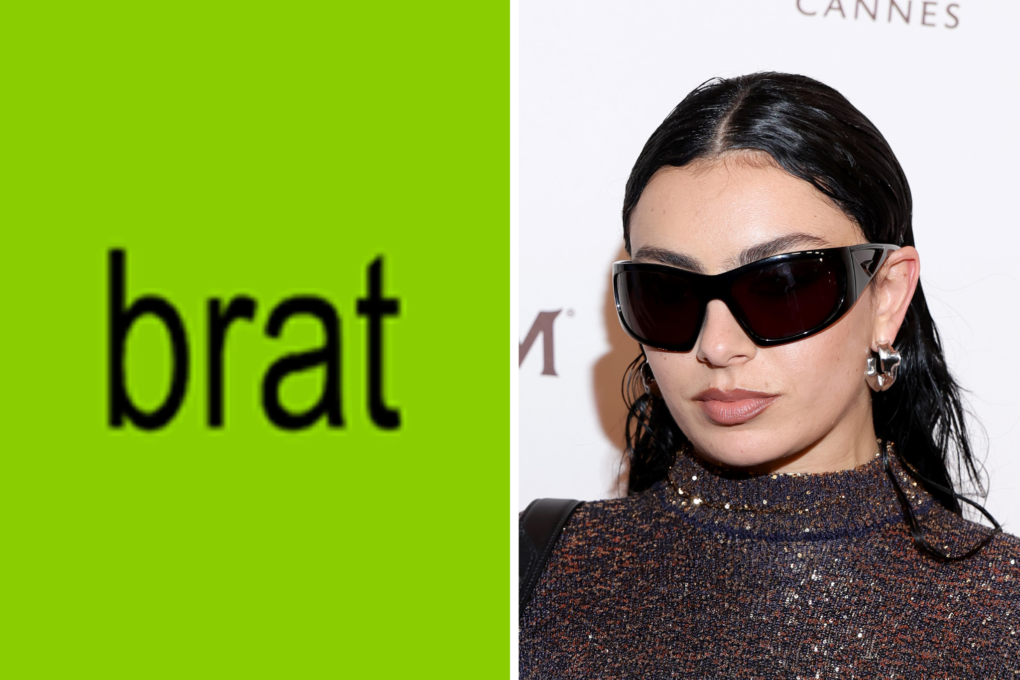 Charli XCX and the album artwork for ‘Brat’ (left)