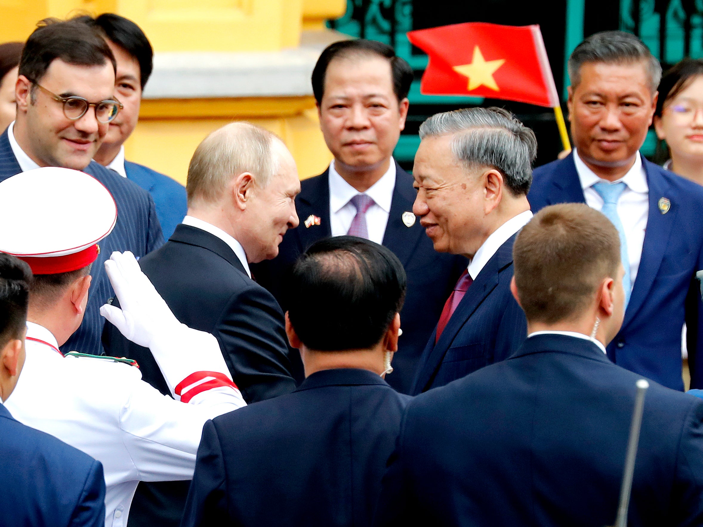 Vietnam president To Lam greeting Putin on Thursday