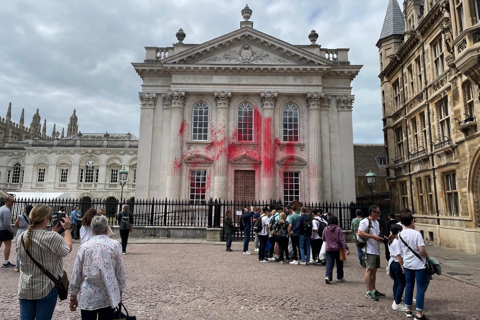 Senate House in Cambridge after pro-Palestinian protesters sprayed red paint on the historic building at the University of Cambridge (Jane Woodward/PA)