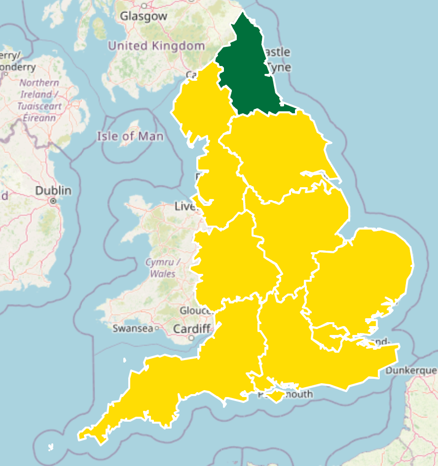 The yellow alert covers most of England