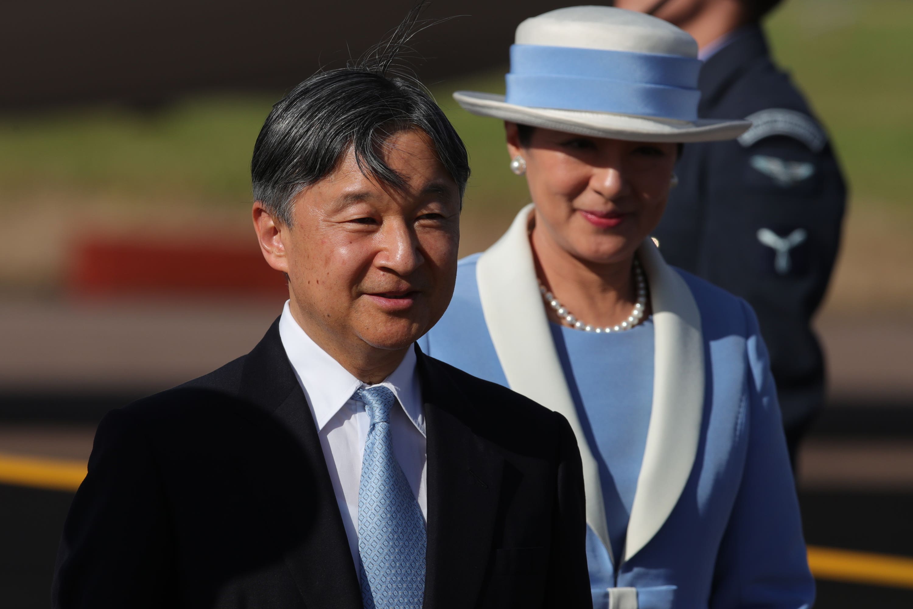 Emperor Naruhito and Empress Masako of Japan arrive at Stansted Airport (Chris Radurn/PA)