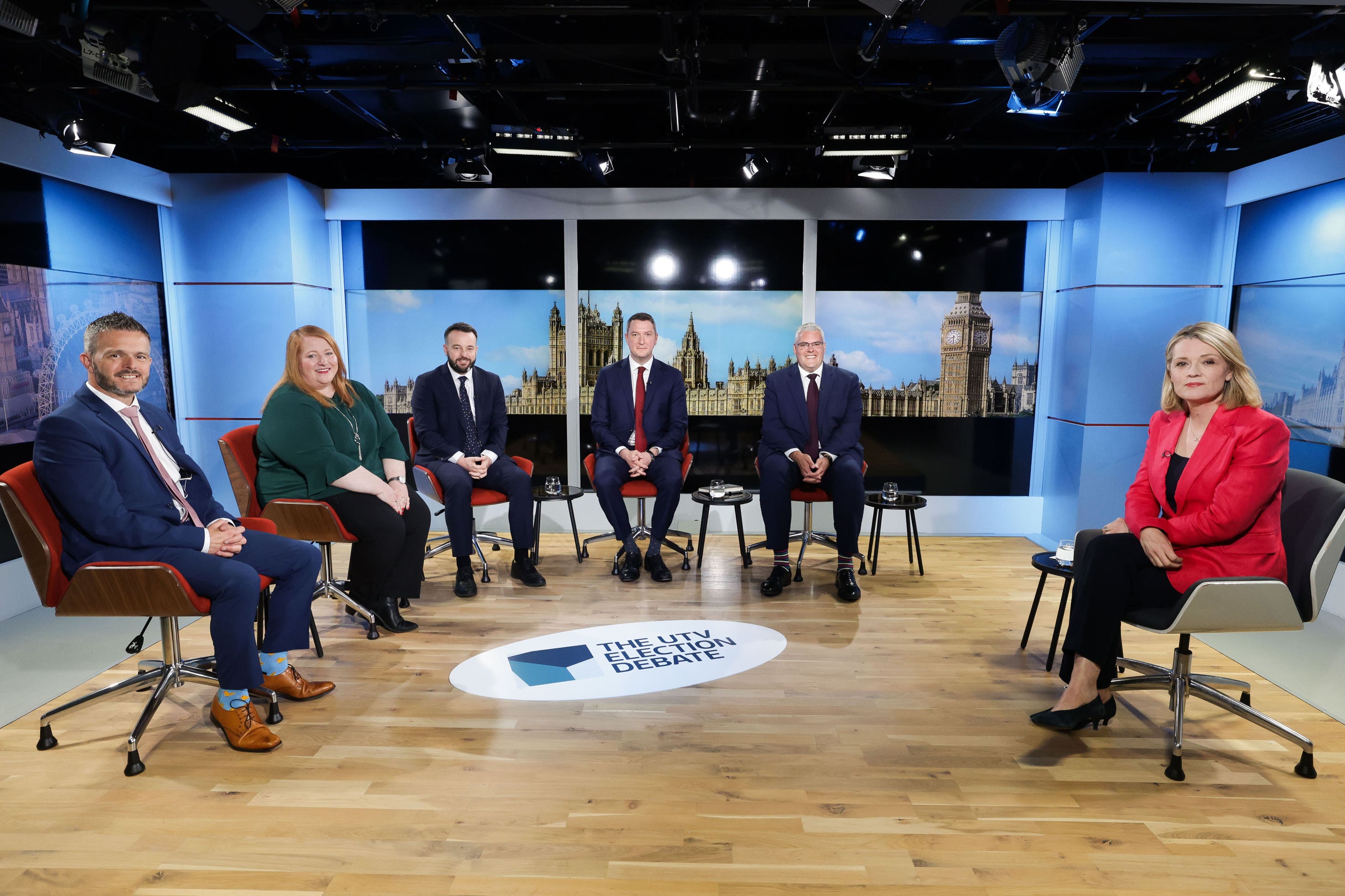 Robbie Butler, Naomi Long, Colum Eastwood, John Finucane and Gavin Robinson, ahead of the UTV Election Debate with moderator Vicki Hawthorne (Kelvin Boyes/Press Eye/PA)