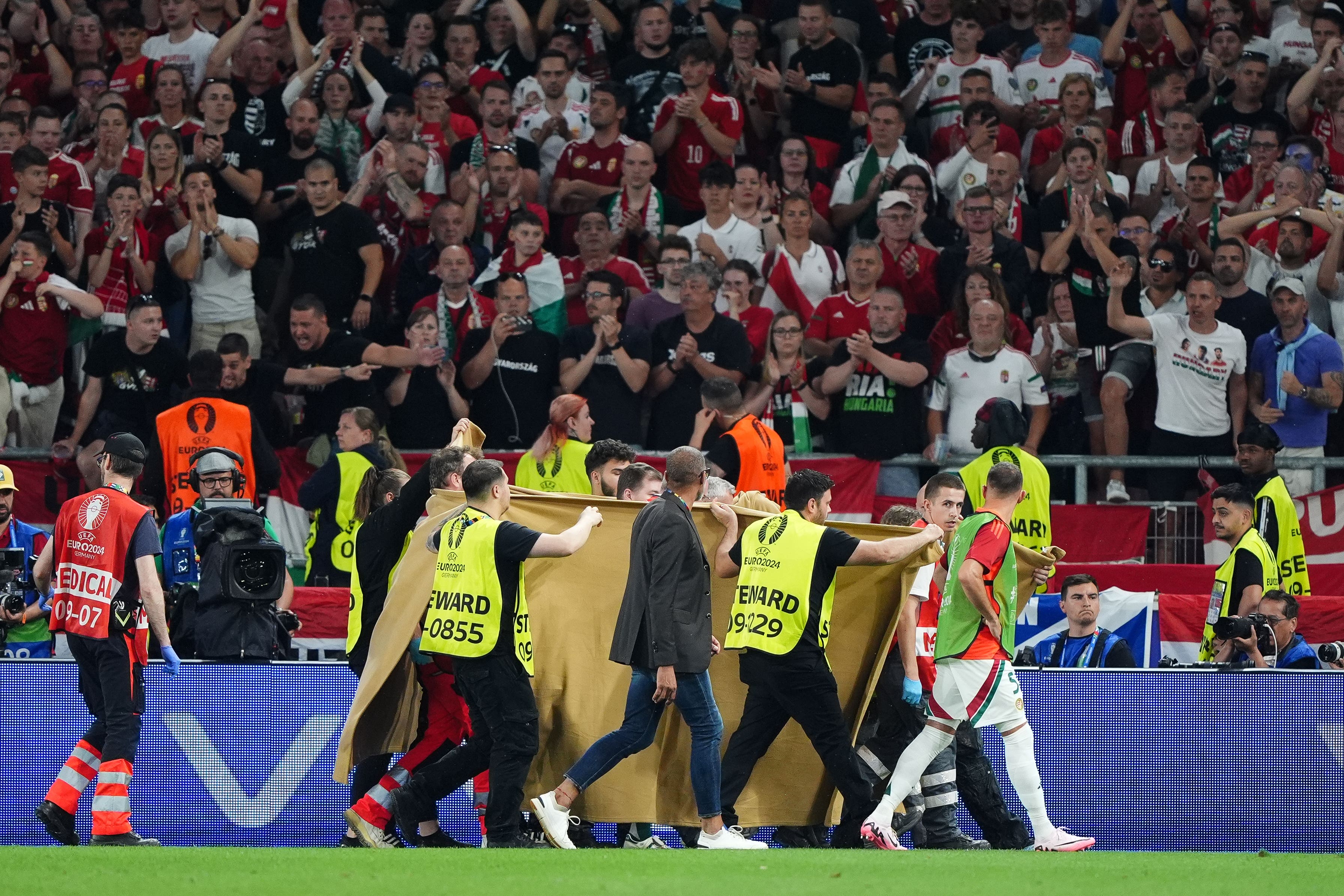 Hungary’s Barnabas Varga is taken from the pitch on a stretcher (Bradley Collyer/PA)