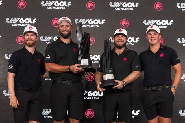 <p>LIV team Legion XIII players Kieran Vincent, Jon Rahm, Tyrrell Hatton and Caleb Surratt  </p>