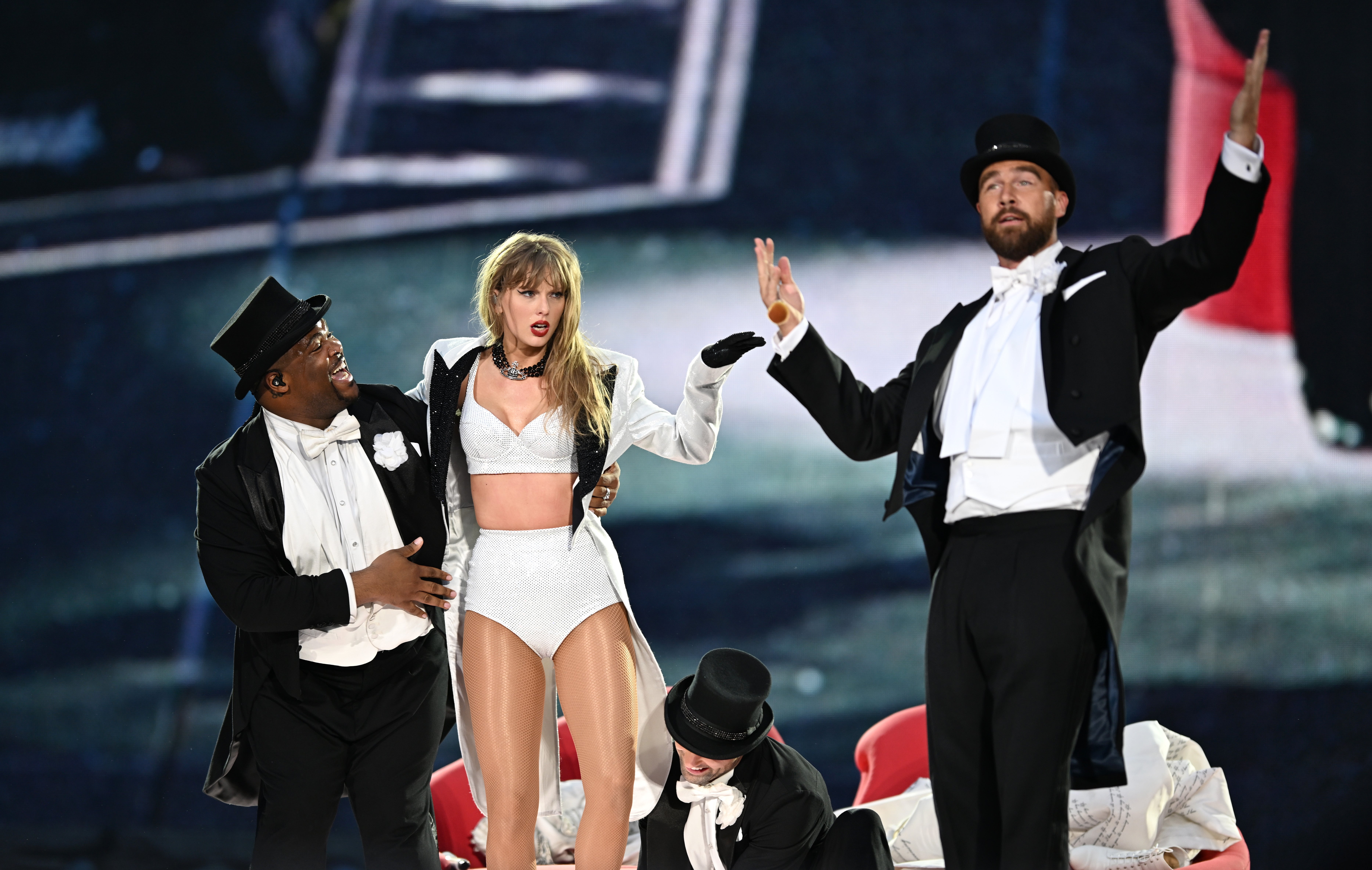 Travis Kelce posed as one of Taylor Swift’s backup dancers during June 23, 2024 performance at Wembley Stadium