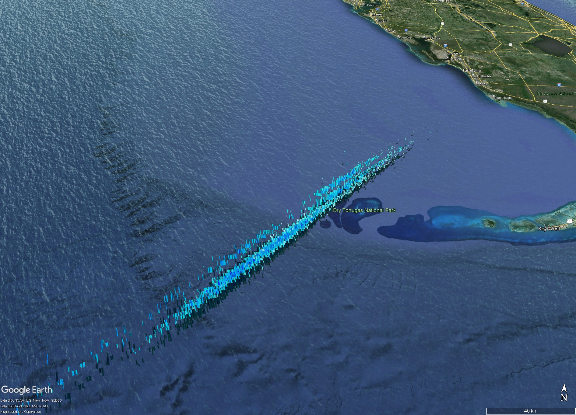 Deorbit of a 2.9 ton battery pallet from the International Space Station. Radar shows falling debris in the Gulf of Mexico extending towards Naples, FL.