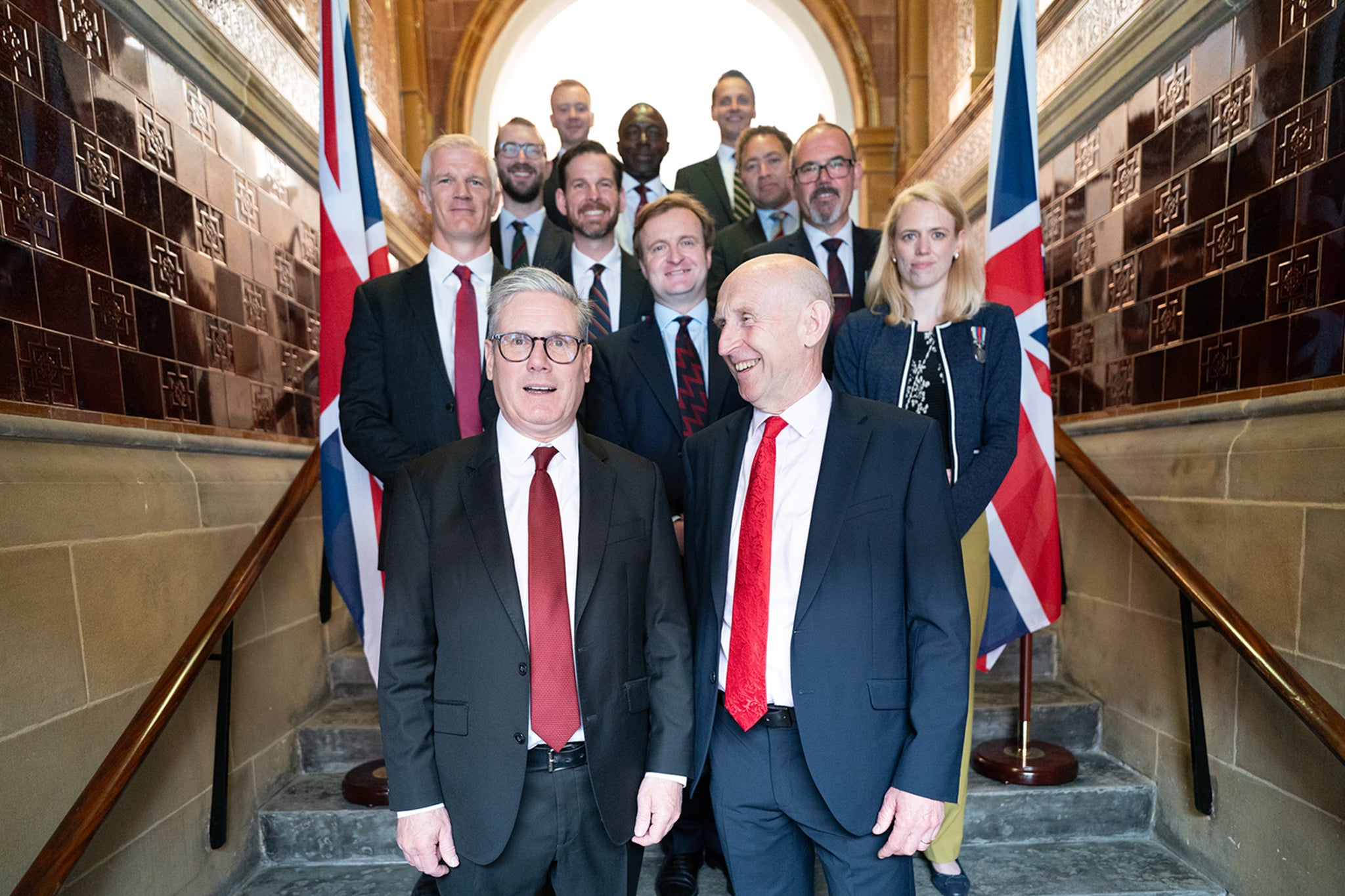 Labour Party leader Keir Starmer (left) and shadow defence secretary John Healey meet with some of the 14 former military personnel Labour selected to fight the general election, during a visit to the Fusilier Museum in Bury, Greater Manchester. Thirteen were elected