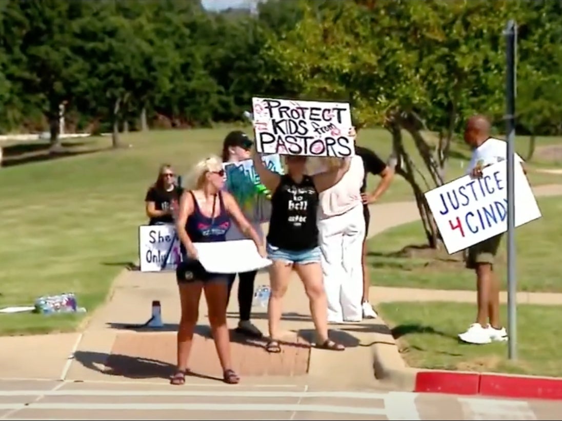 A group of protesters outside Gateway Church in Southlake, Texas, calling for pastor Robert Morris to step down. Morris eventually resigned his position after Cindy Clemishire publicly accused him of molesting her multiple times while she was a child in the 1980s. Now, his son and daughter-in-law have also left the church.