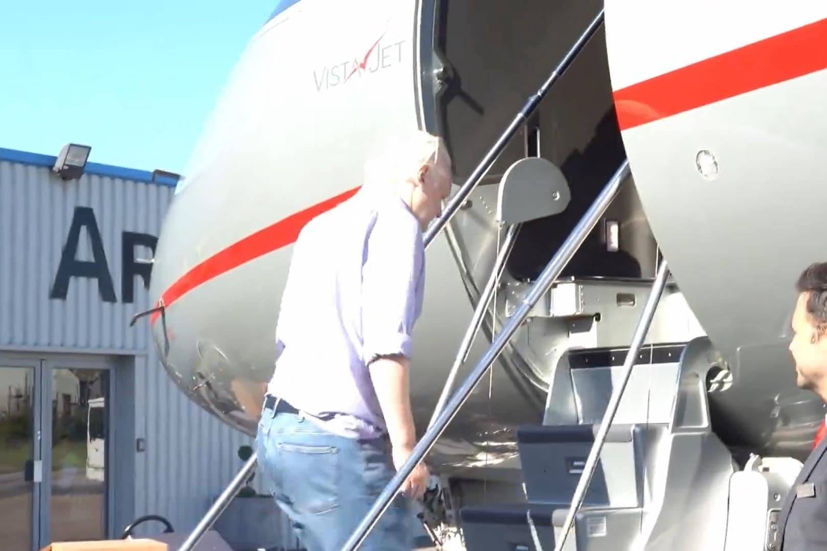 Screen grab taken from the X (formerly Twitter) account of Wikileaks of Julian Assange boarding a plane to leave the UK (@WikiLeaks)