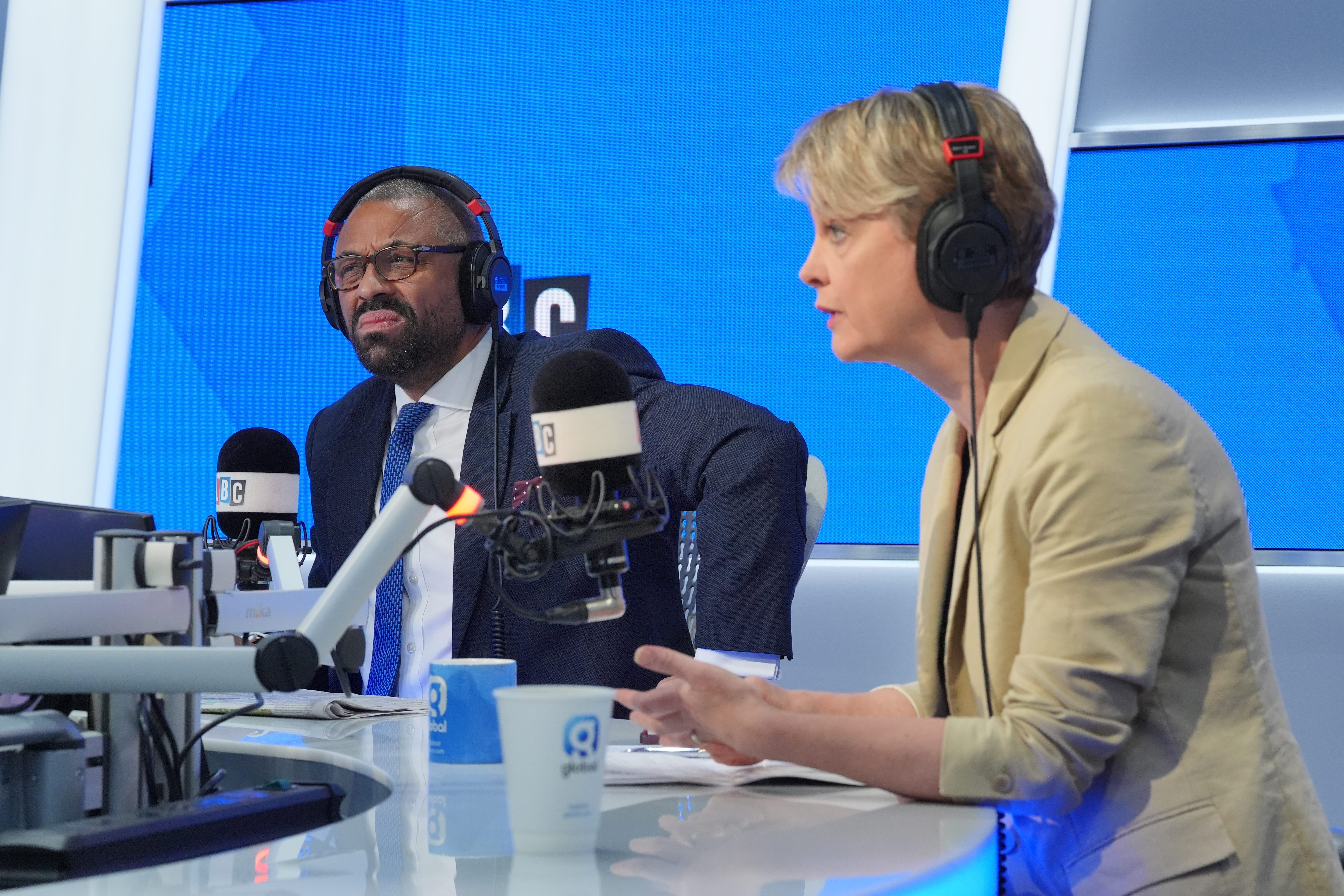 Home Secretary James Cleverly and shadow home secretary Yvette Cooper take part in a live immigration debate on LBC’s Nick Ferrari at Breakfast (Jonathan Brady/PA)