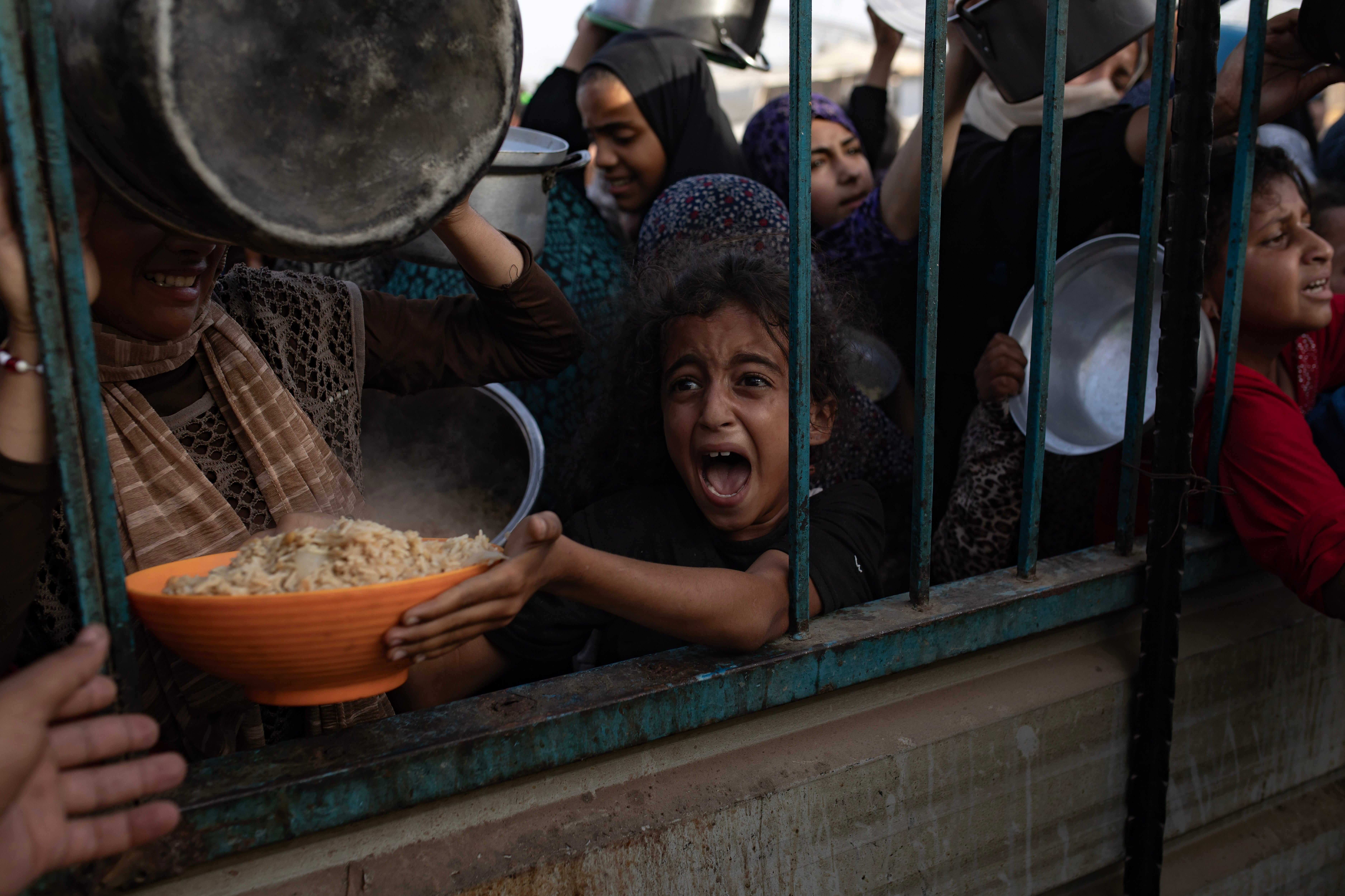 File. Palestinian children collect food donated by charities in Khan Younis, Gaza