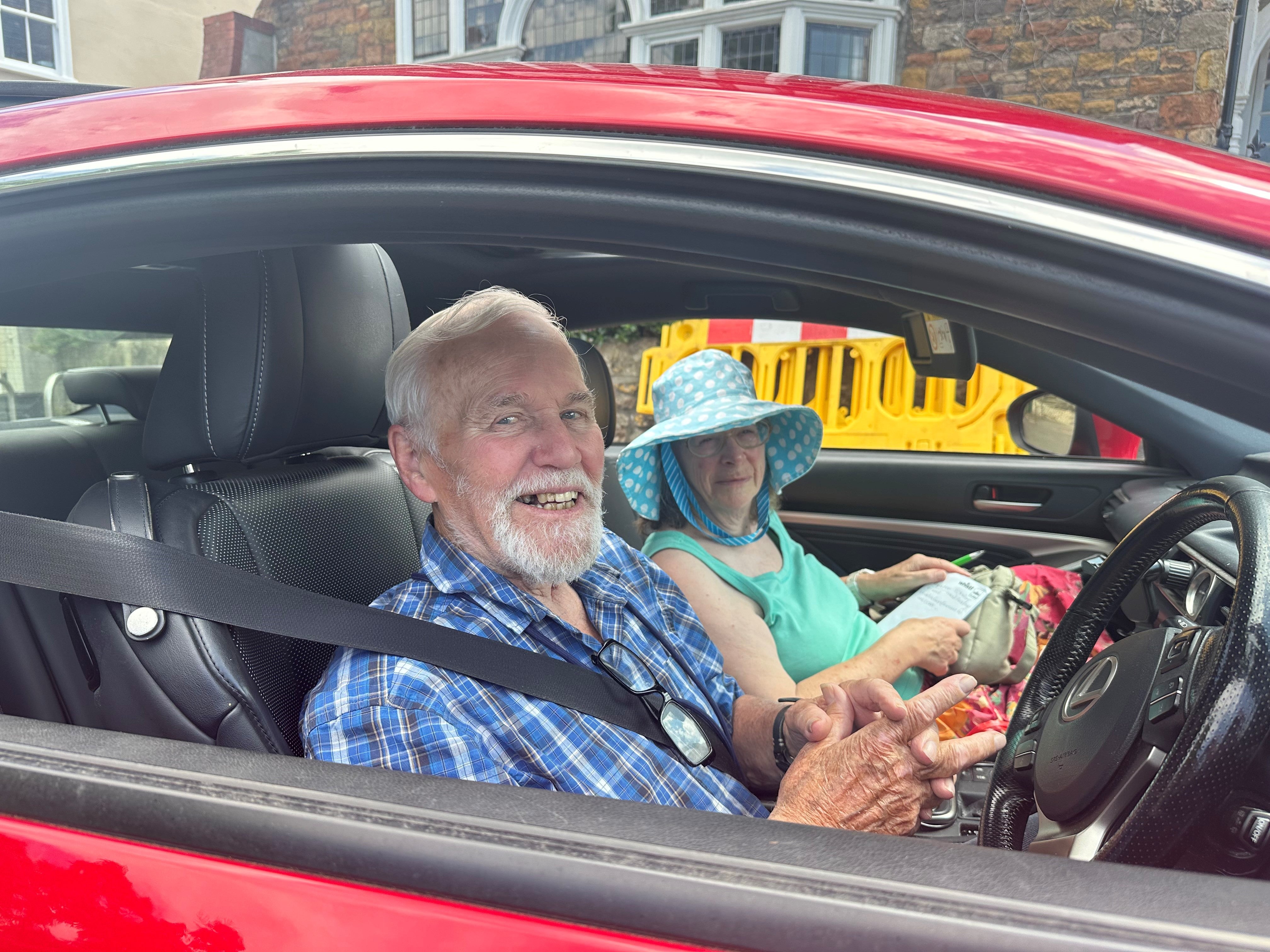 Trevor Scantalebury with his partner Rosemary King outside Stoke Lodge Village Hall in Bristol North West, where Laura Saunders failed to appear at a hustings event on Friday