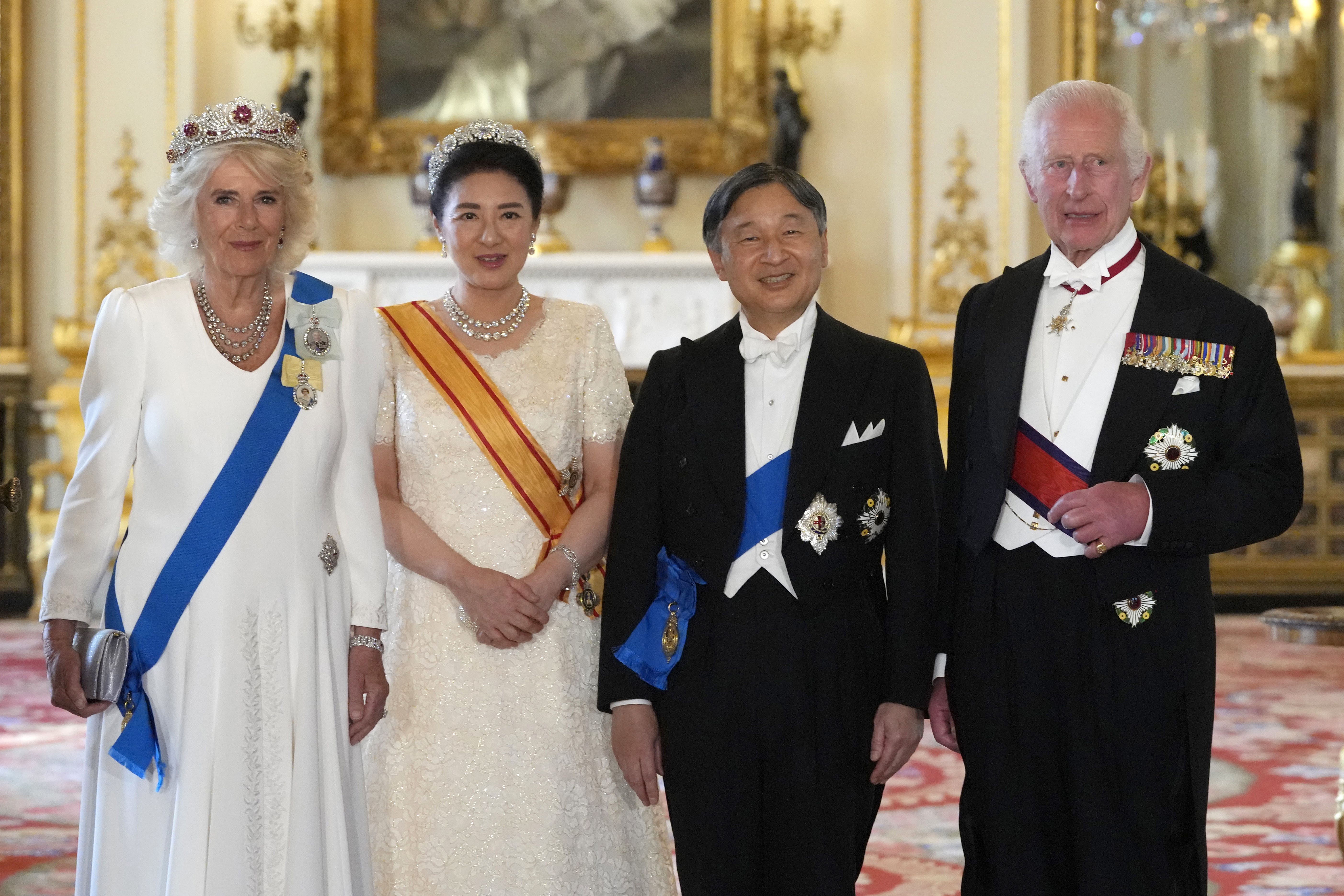 The King and Queen with Emperor Naruhito and his wife Empress Masako of Japan ahead of the State Banquet (Kirsty Wigglesworth/PA)