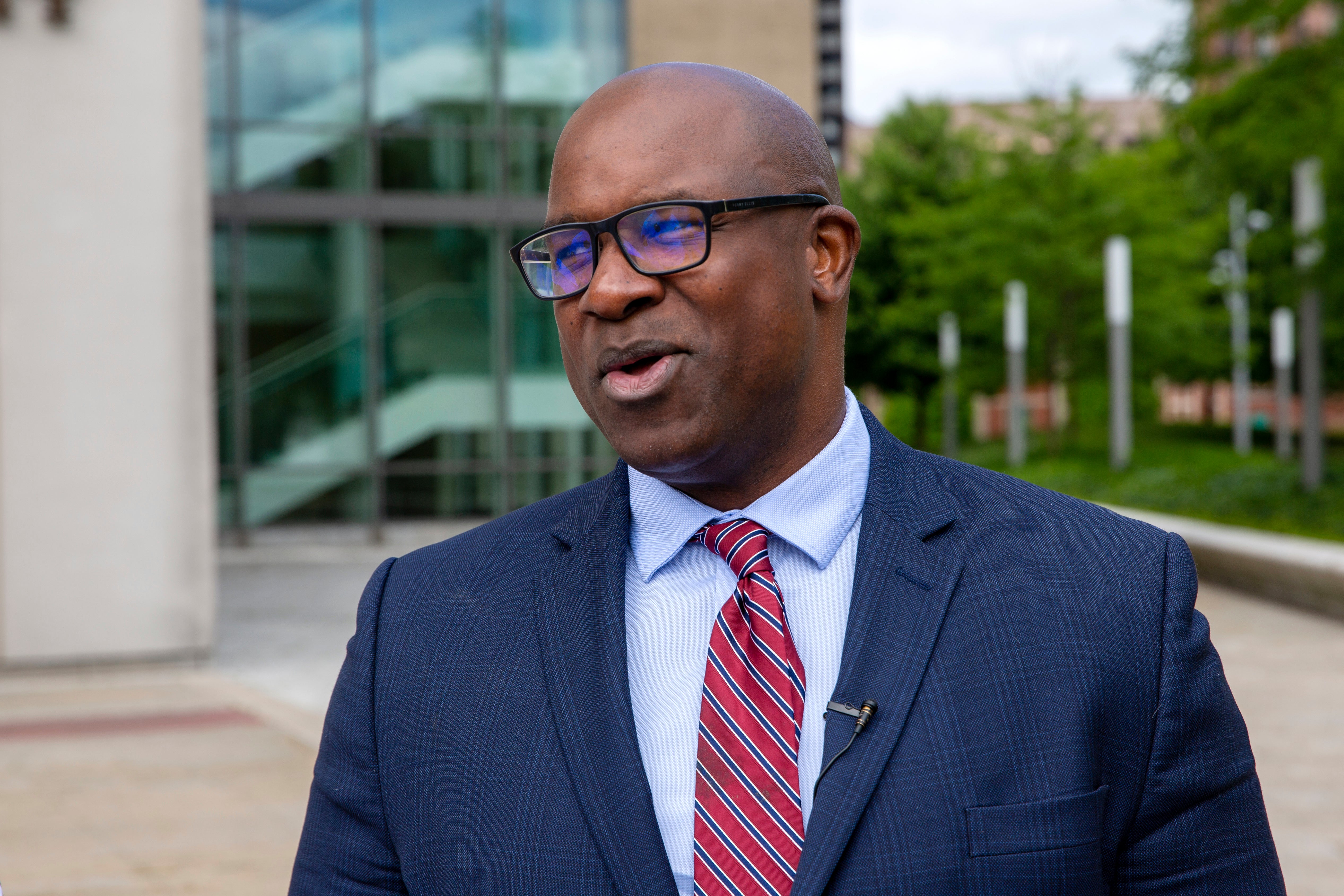 Rep. Jamaal Bowman, D-N.Y., talks at a campaign stop in White Plains, N.Y., on June 11, 2024