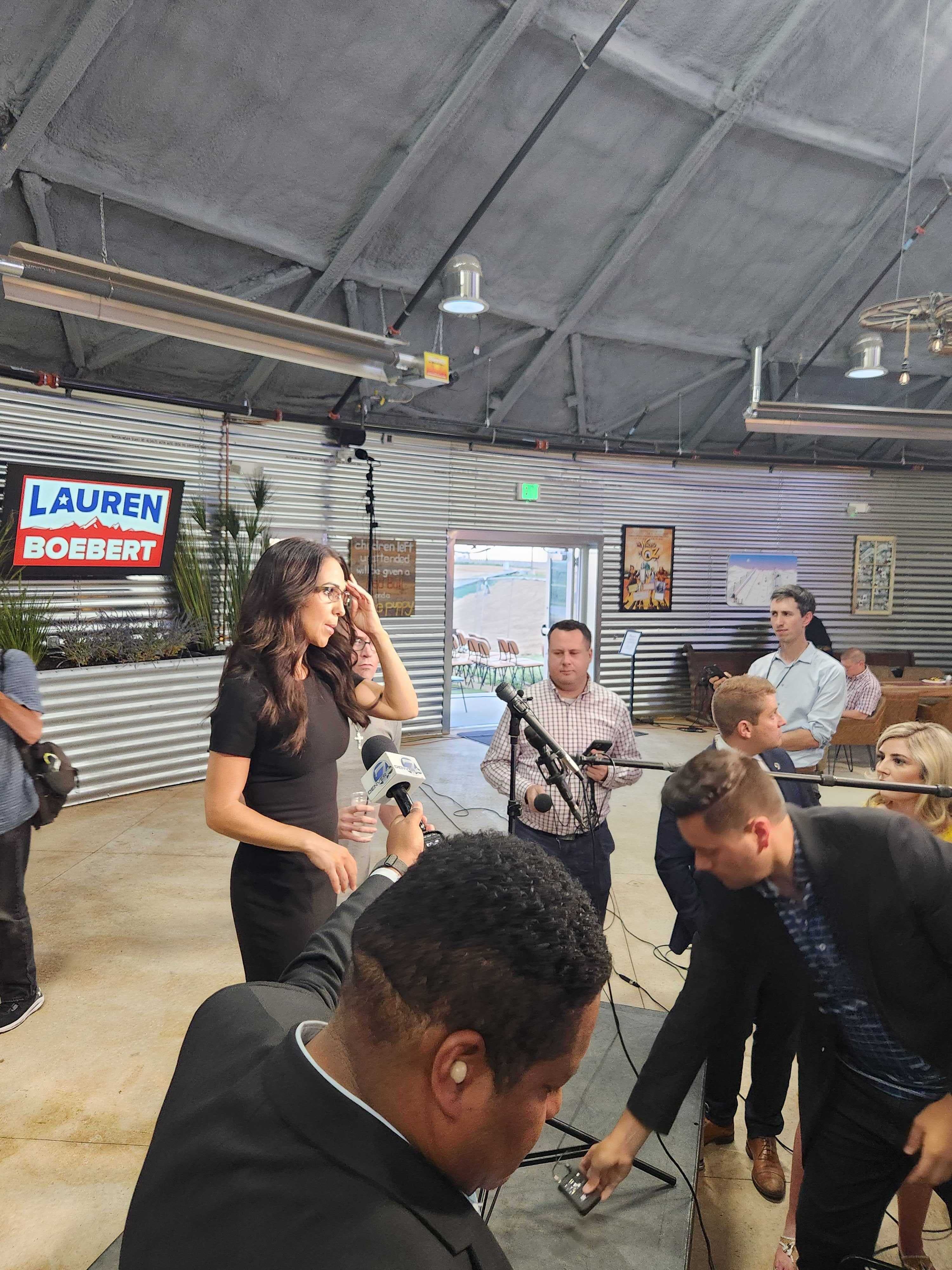 Lauren Boebert speaks to reporters after winning her primary Tuesday evening in Windsor, Colorado